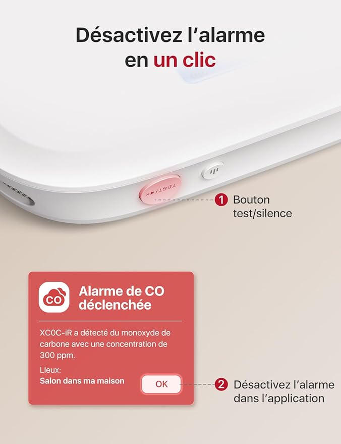 Détecteur de Monoxyde de Carbone Connecté, Détecteur de Monoxyde de Carbone Intelligent avec Affichage Numérique LCD, Détecteur de Monoxyde de CO Portable à Emporter Partout, XC0C-iR.
