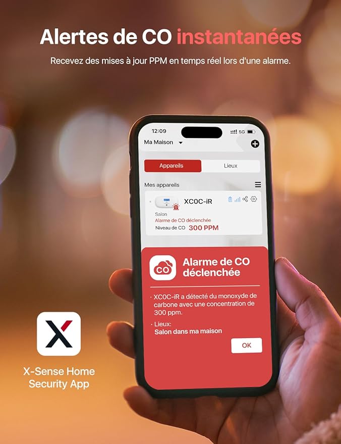 Détecteur de Monoxyde de Carbone Connecté, Détecteur de Monoxyde de Carbone Intelligent avec Affichage Numérique LCD, Détecteur de Monoxyde de CO Portable à Emporter Partout, XC0C-iR.