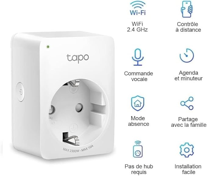 Prise Connectée WiFi, Prise Intelligente compatible avec Alexa et Google Home, 10A Type F, Contrôler le radiateur, la cafetière, la lampe à distance, aucun hub requis, Tapo P100.