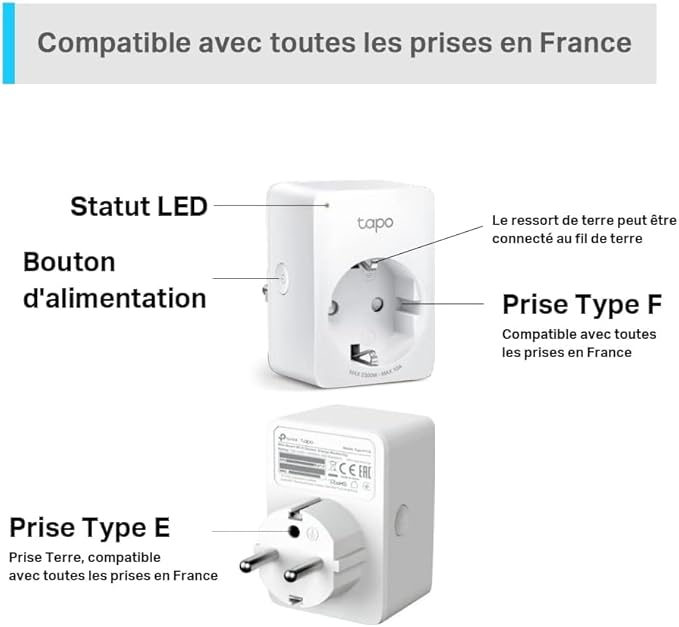 Prise Connectée WiFi, Prise Intelligente compatible avec Alexa et Google Home, 10A Type F, Contrôler le radiateur, la cafetière, la lampe à distance, aucun hub requis, Tapo P100.