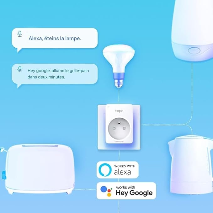 Prise Connectée WiFi, Prise Intelligente compatible avec Alexa et Google Home, 10A Type F, Contrôler le radiateur, la cafetière, la lampe à distance, aucun hub requis, Tapo P100.