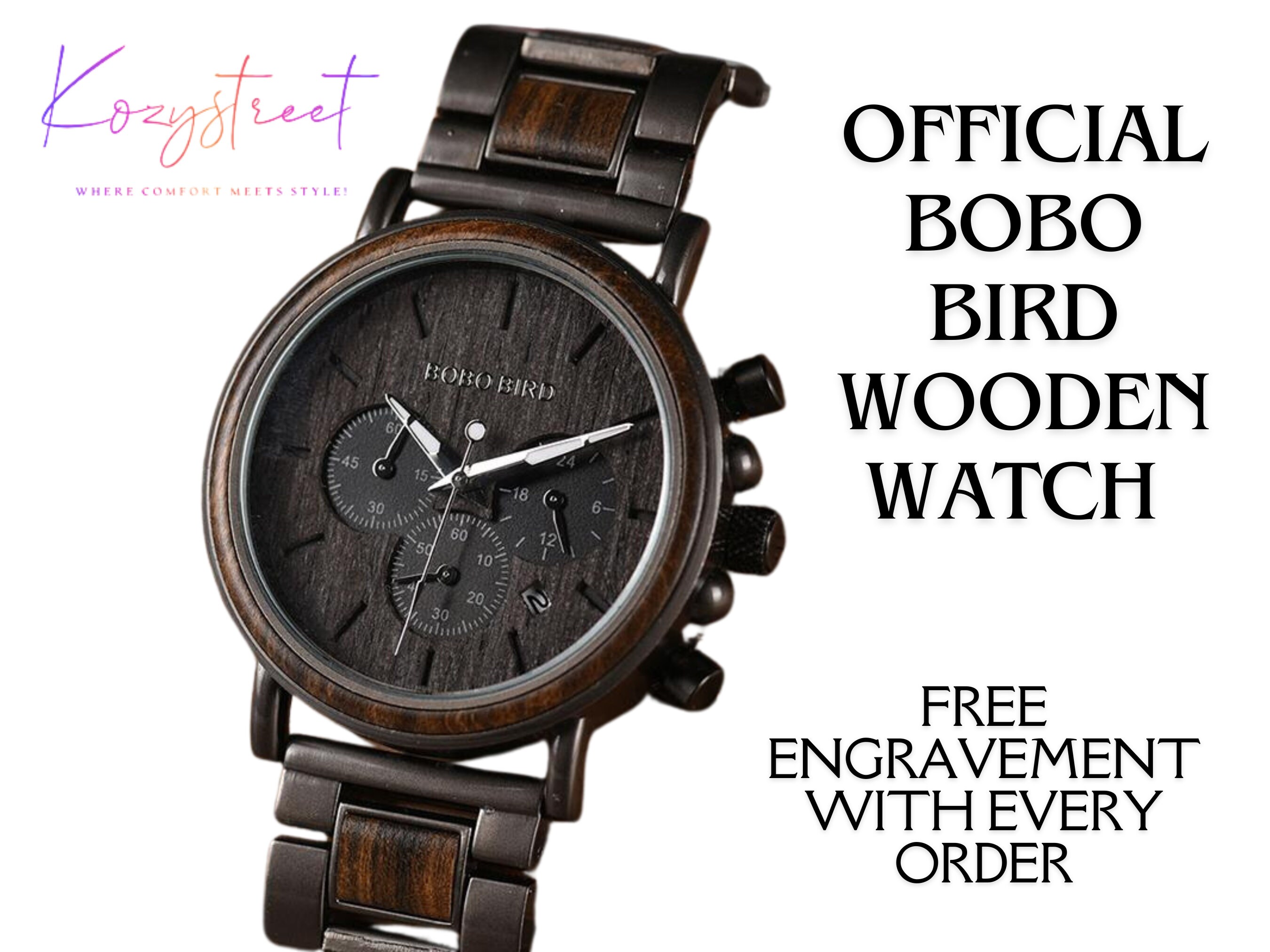 Bobo Bird Wooden Watch 🪵| Engraved Luxury Chronograph ⌚ Military Quartz for Men 🎖️ FREE Engraving & Shipping 🚚