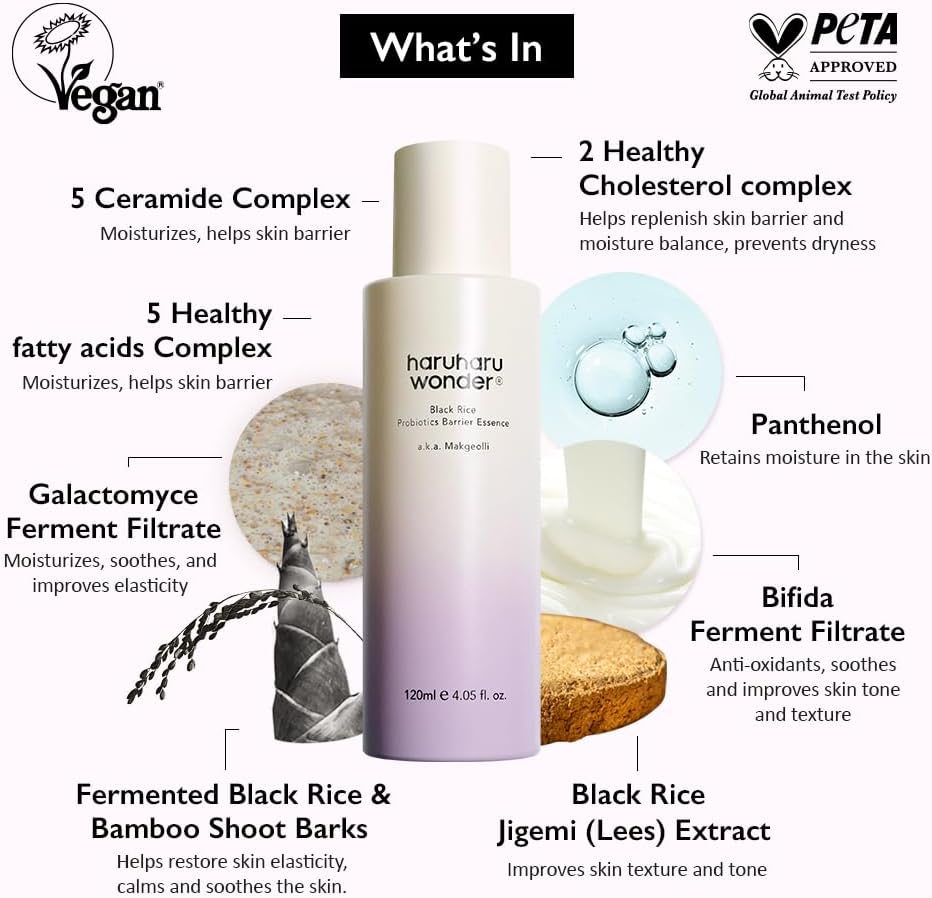 haruharu Wonder Black Rice Probiotics Barrier Essence 4.05 fl. oz., Essence Toner to Strengthen Skin Barrier with Ceramides, Fermented Ingredients, Soothing, Moisturizing, Plumping