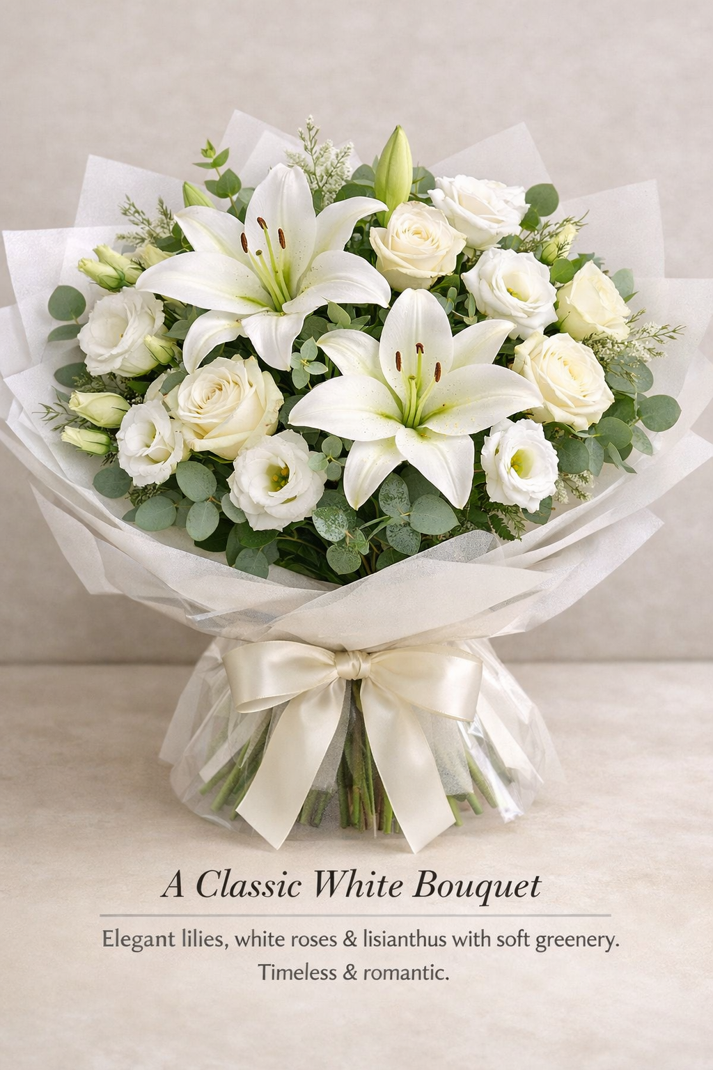 Stylish Classic White Bouquet with Lilies, Roses & Lisianthus”