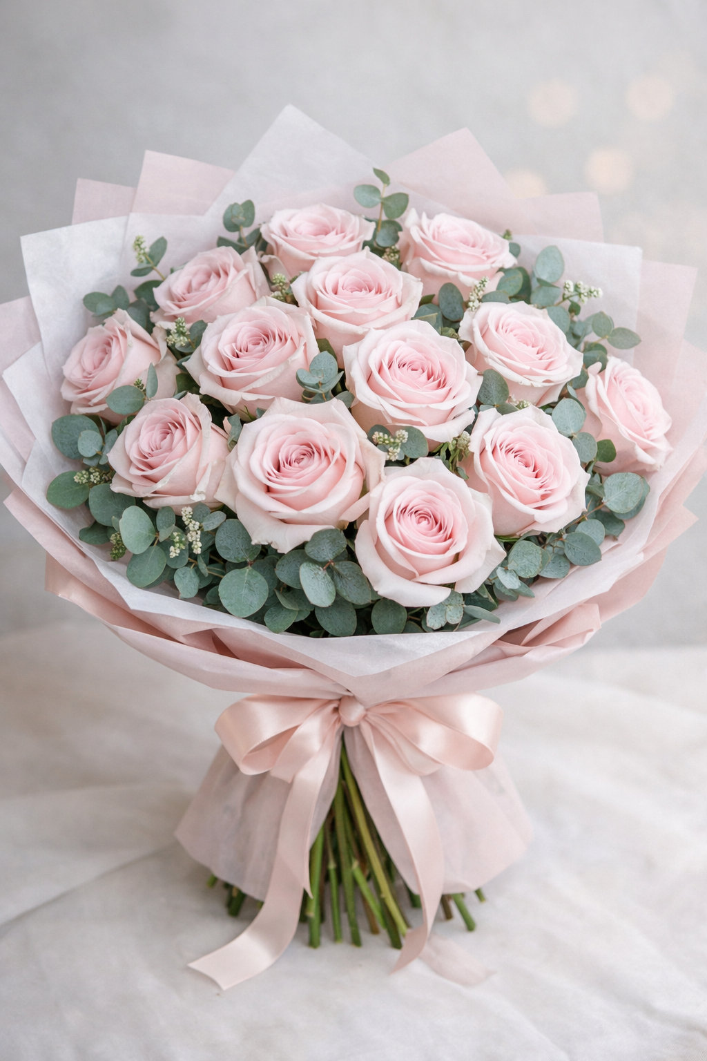 Exquisite Colombian Pink Roses with Eucalyptus