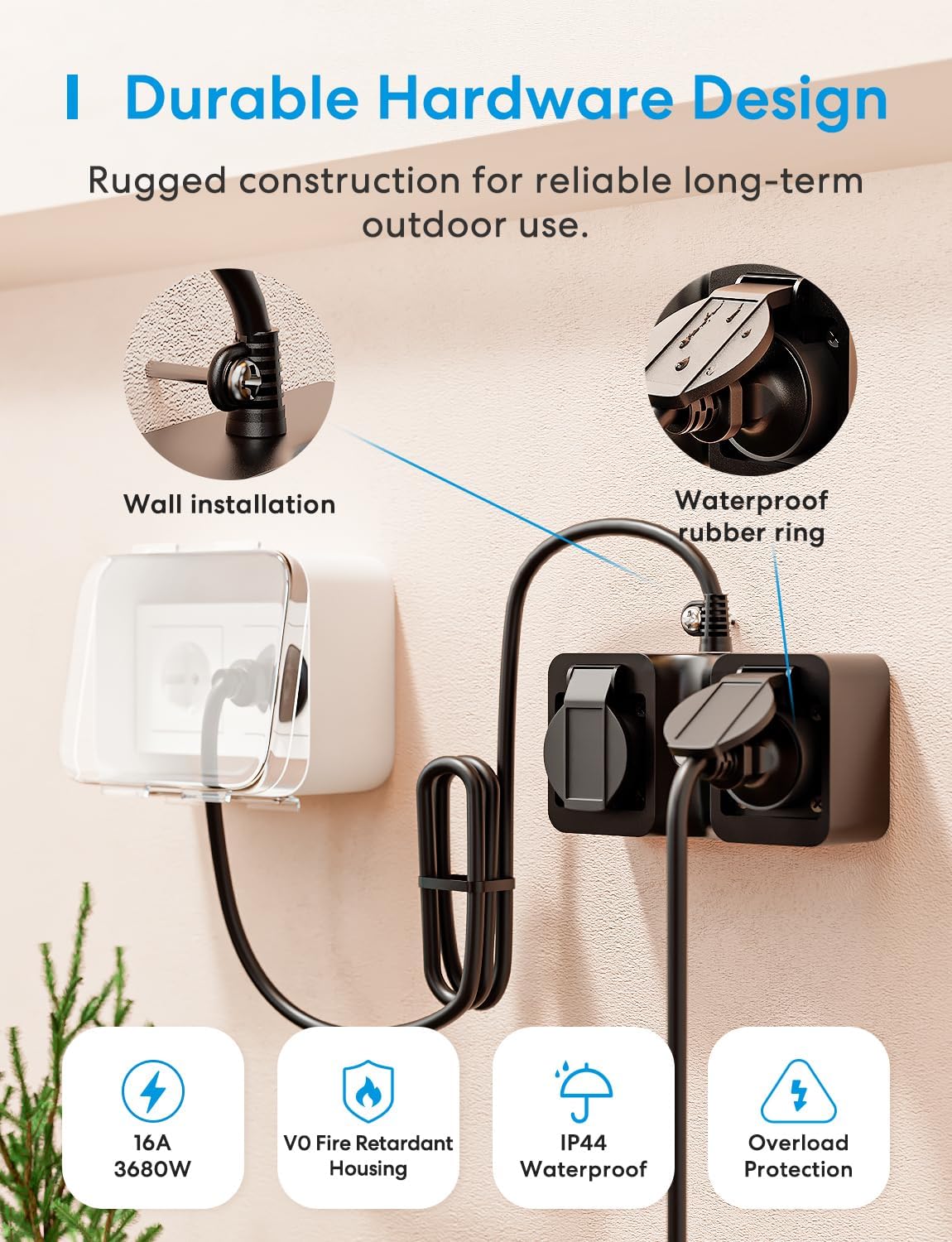 Meross Multiprise Connectée Extérieure (Type F), Prise WiFi Étanche IP44 Compatible avec Apple Home, Alexa et Google Home, Suivi de Consommation d'Énergie, Commande Vocale et Contrôle à Distance
