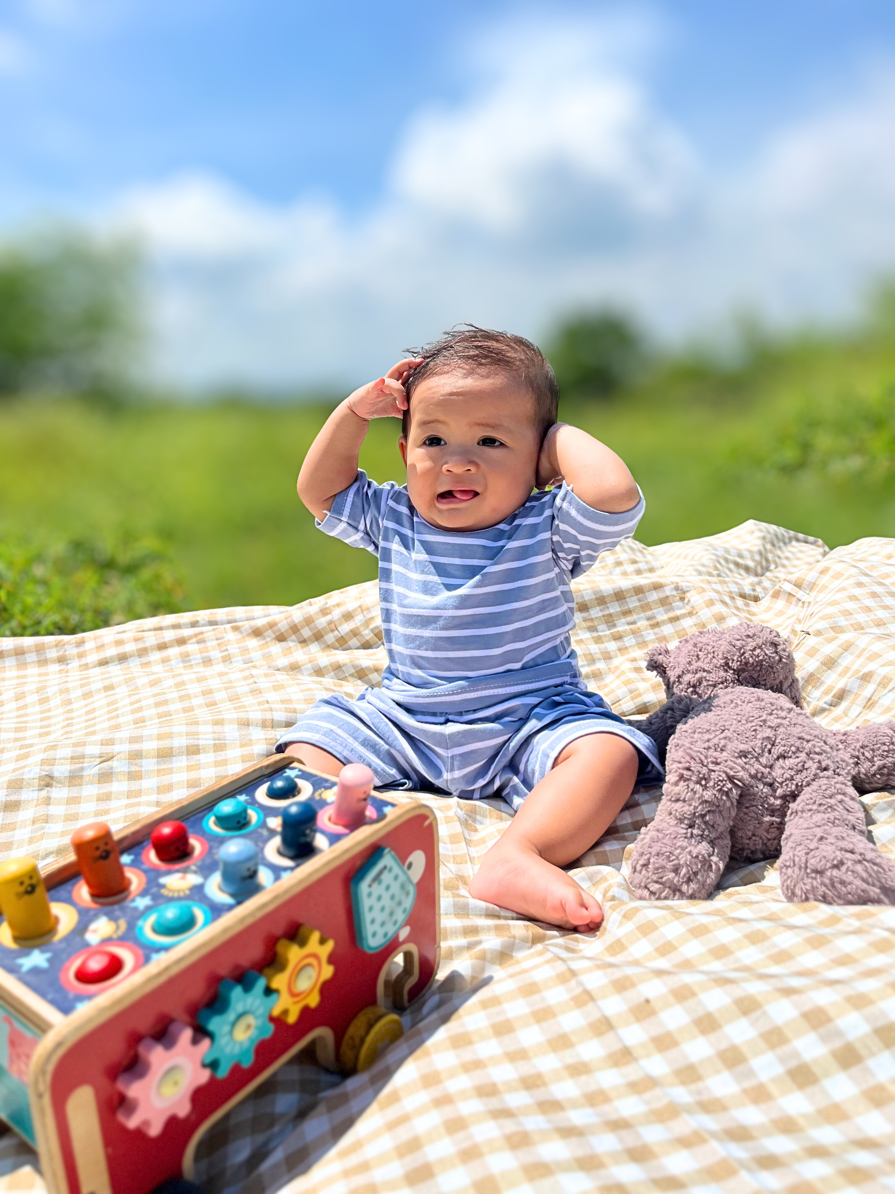 PIG A BOO | DAILY WEAR Shoulder Button—Cotton Stripe dusty blue