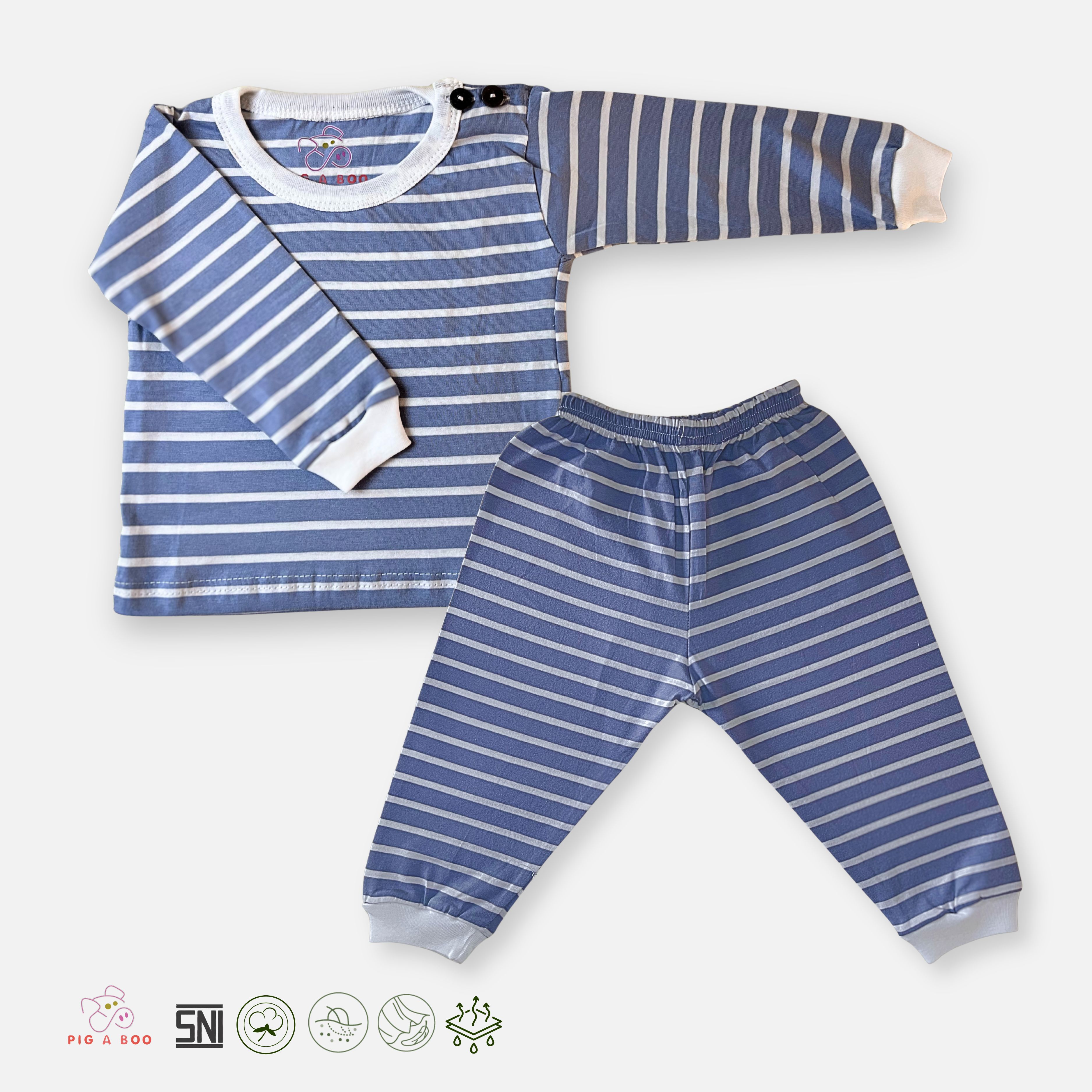 PIG A BOO | SLEEP WEAR Shoulder Button—Cotton Stripe Dusty Blue