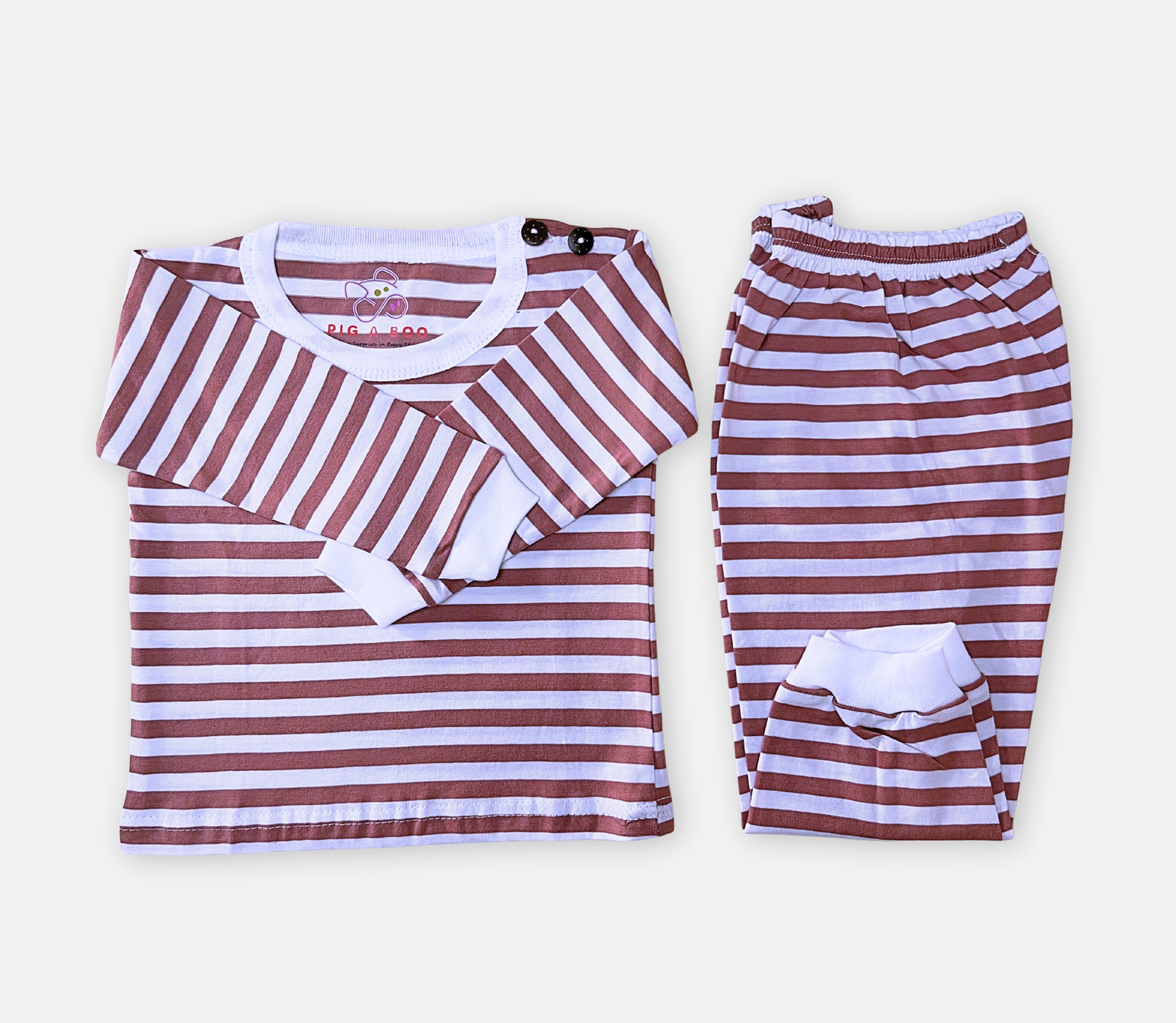 PIG A BOO | SLEEP WEAR Shoulder Button—Cotton Stripe Dusty Rose
