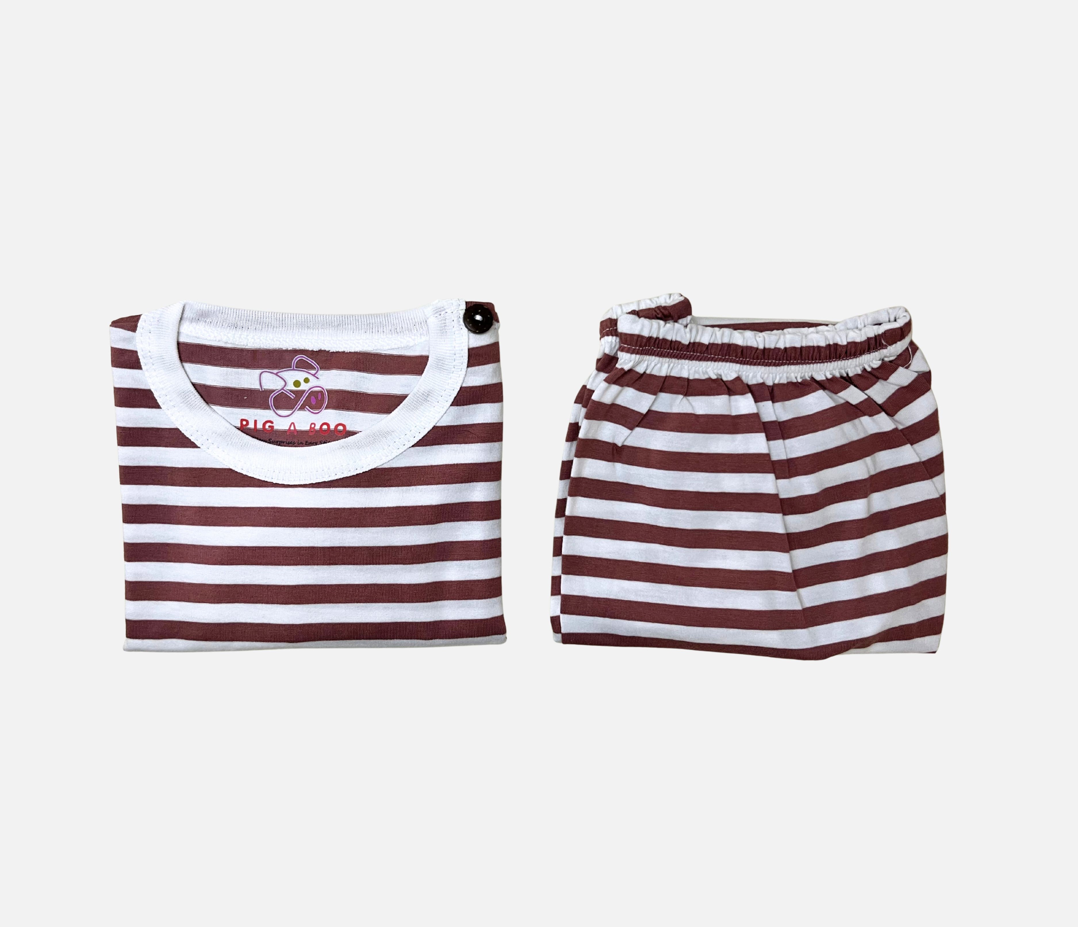 PIG A BOO | SLEEP WEAR Shoulder Button—Cotton Stripe Dusty Rose