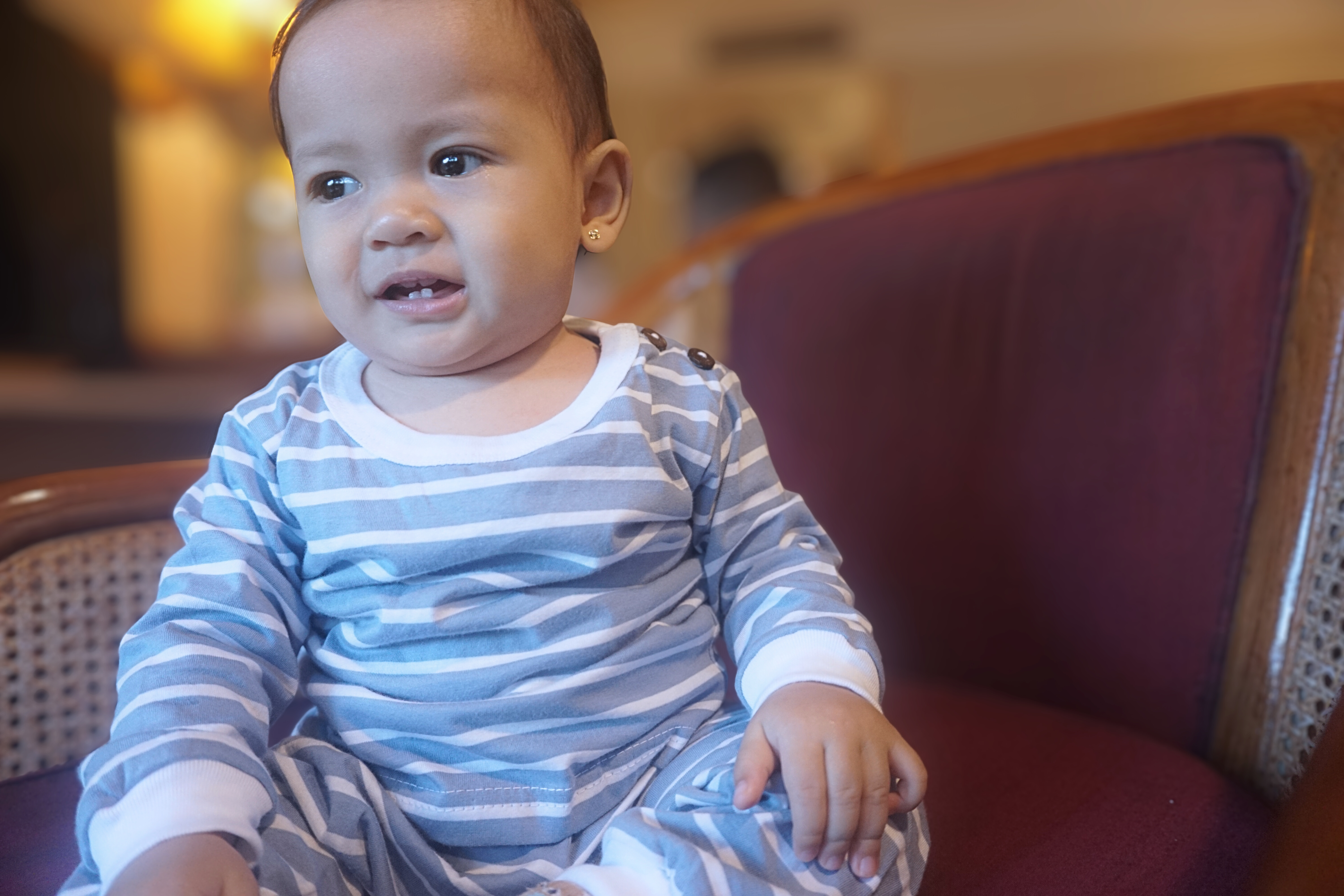 PIG A BOO | SLEEP WEAR Shoulder Button—Cotton Stripe Dusty Blue