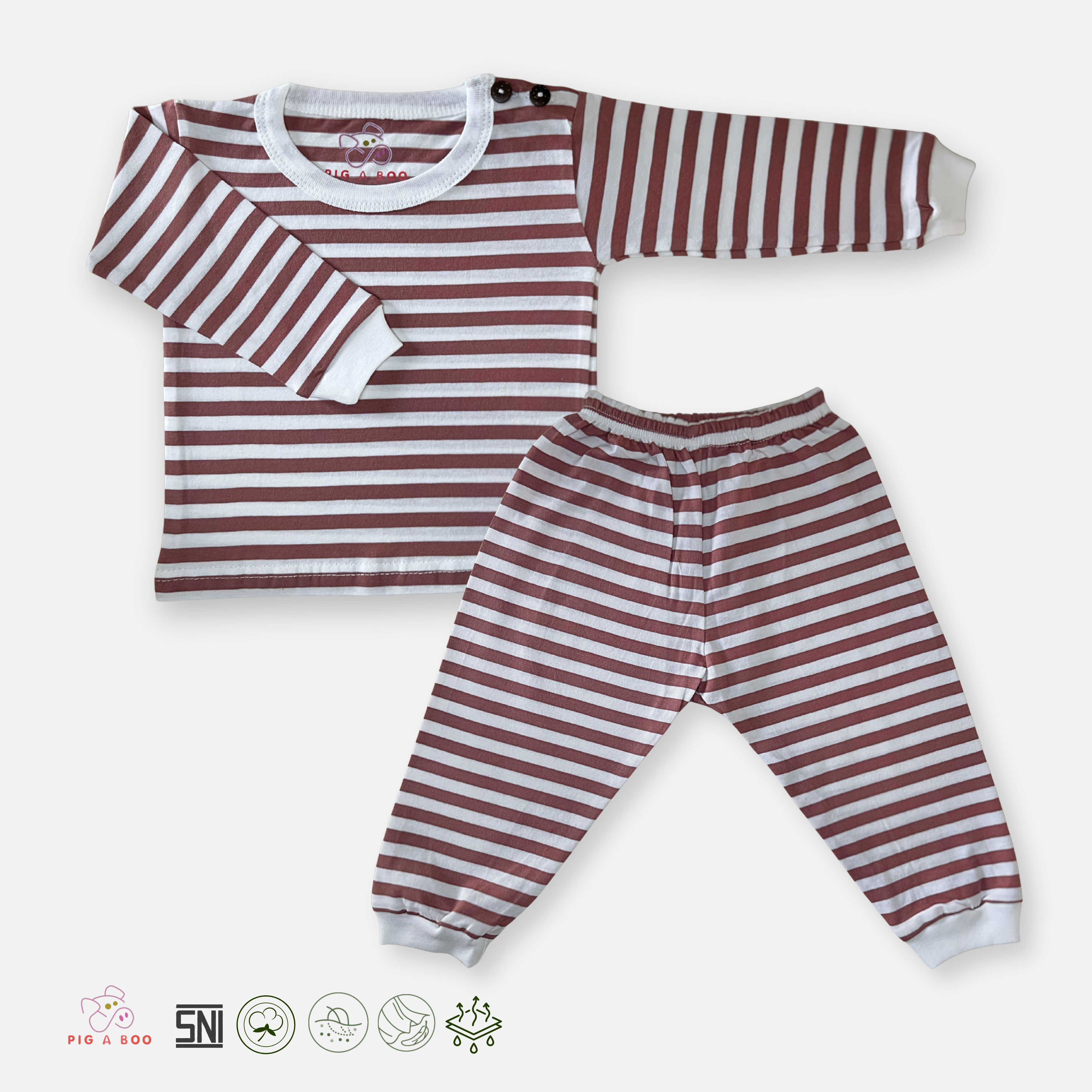 PIG A BOO | SLEEP WEAR Shoulder Button—Cotton Stripe Dusty Rose