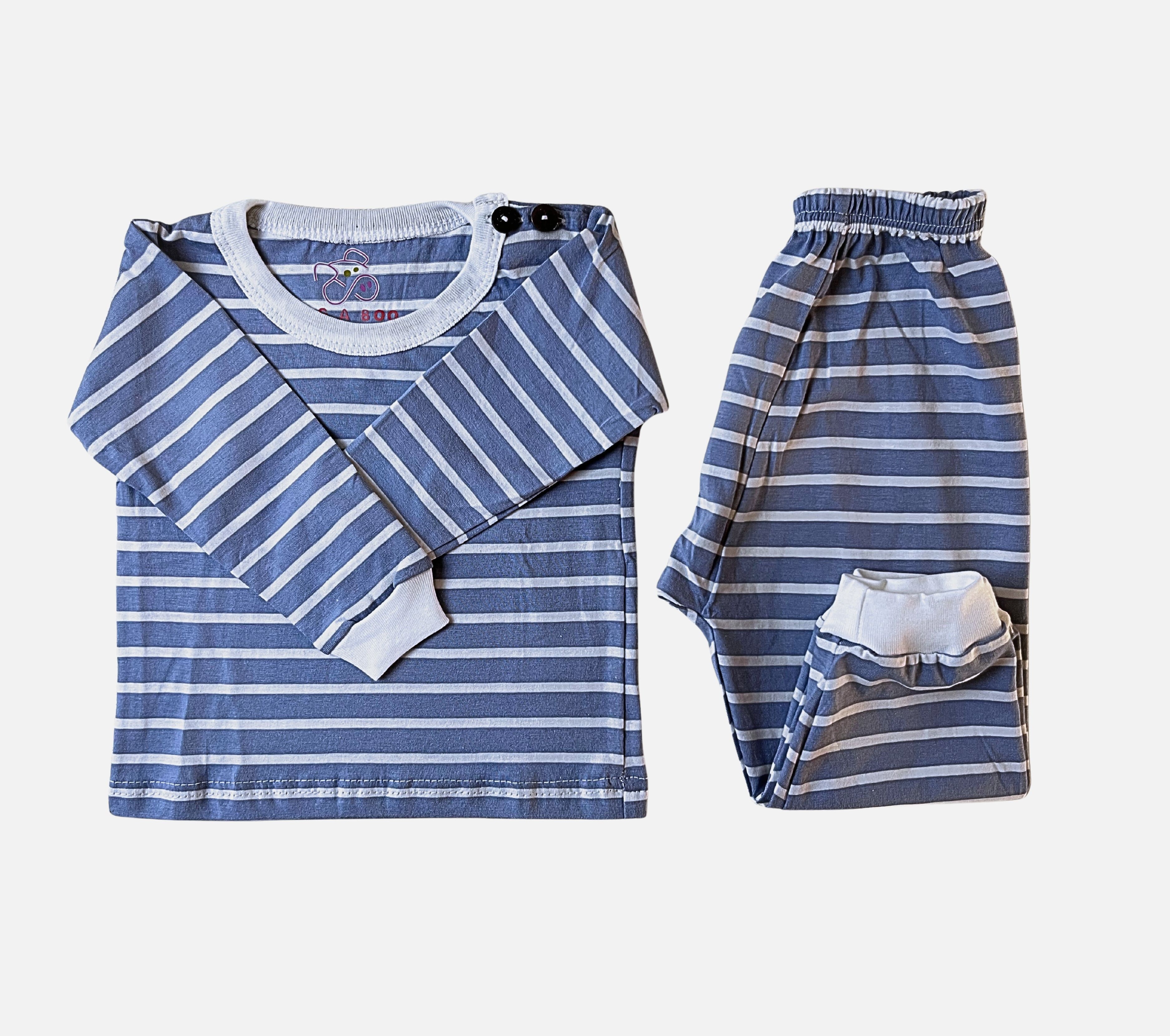 PIG A BOO | SLEEP WEAR Shoulder Button—Cotton Stripe Dusty Blue
