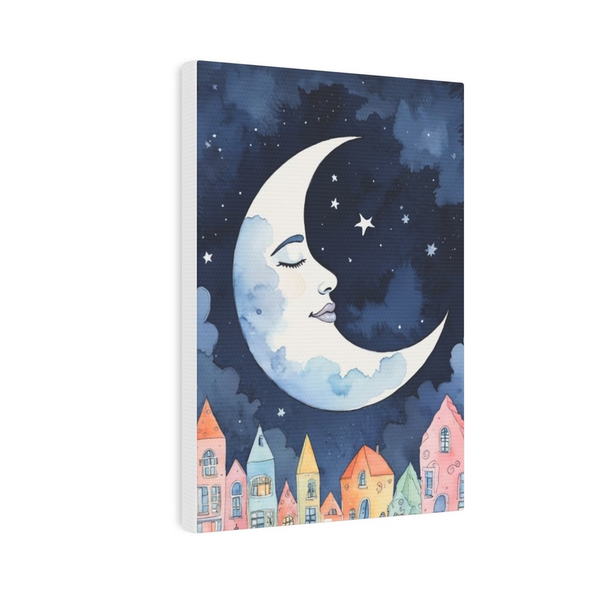 Watercolor Moon and Houses Framed Canvas Wall Art 