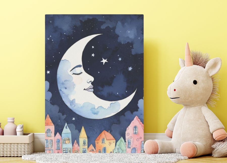 Watercolor Moon and Houses Framed Canvas Wall Art 