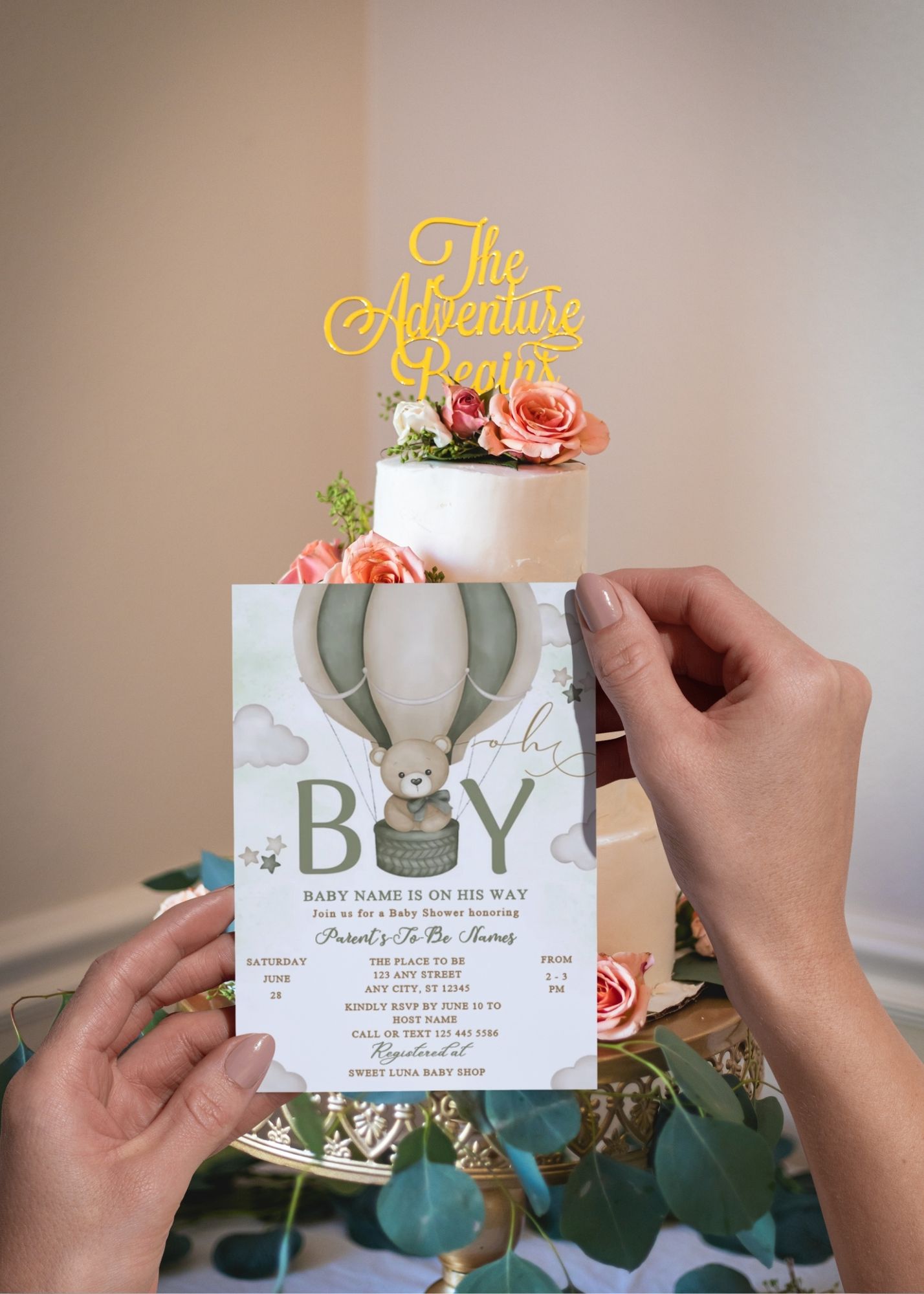 Hot Air Balloon Teddy Bear Baby Shower Invite