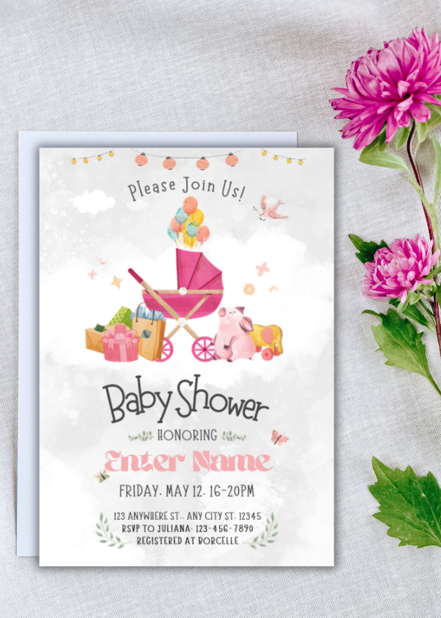 Pink Stroller Baby Shower Invitation
