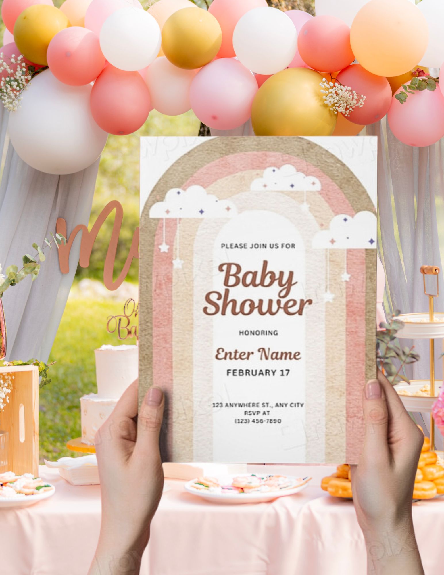 Boho Rainbow and Clouds Baby Shower Invite
