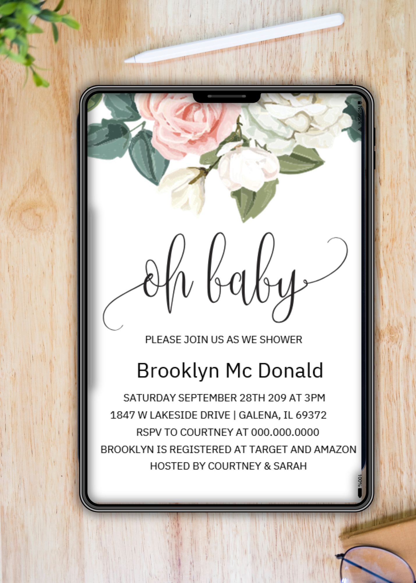 Oh Baby Pink Floral Greenery Baby Shower Invite