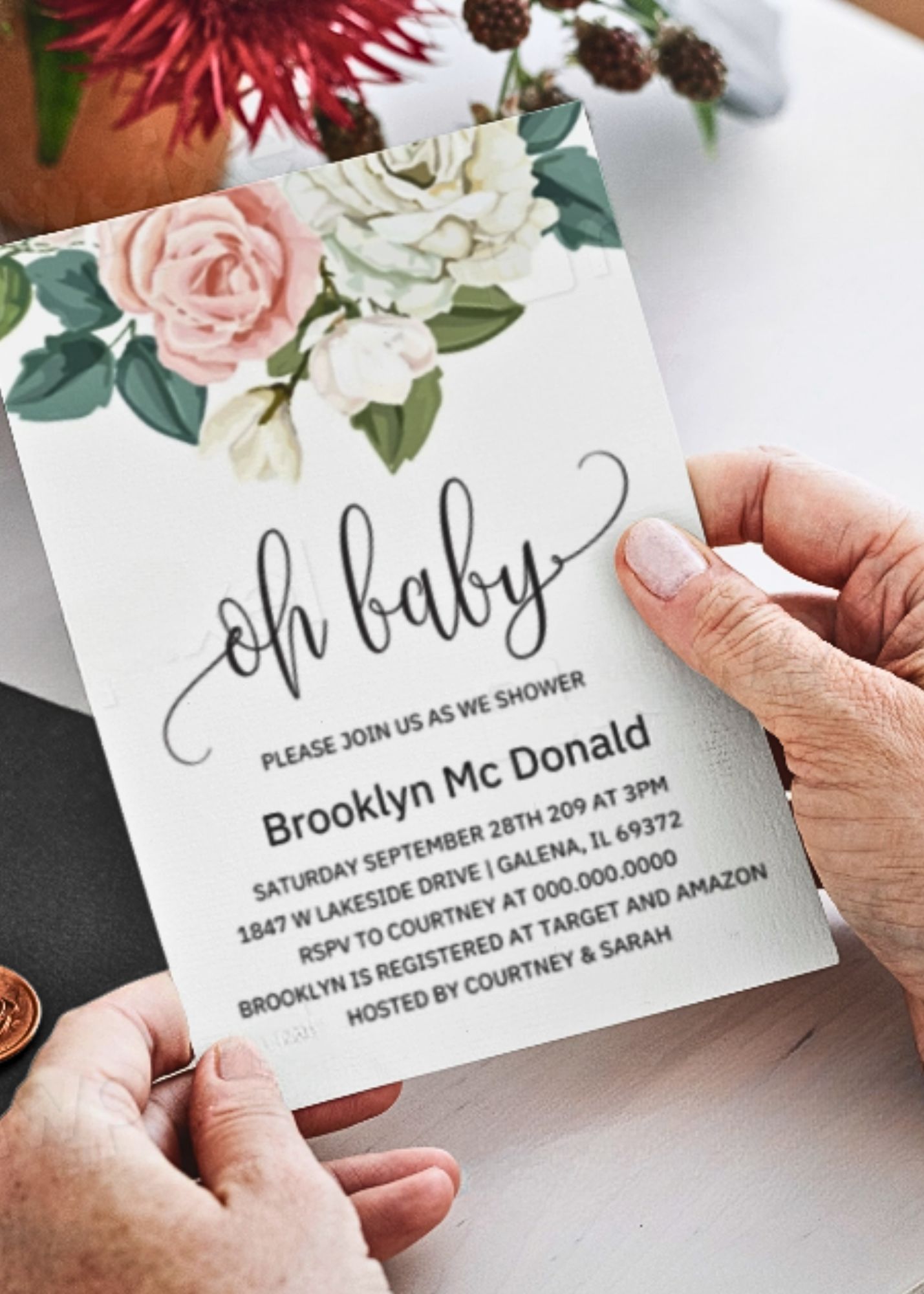 Oh Baby Pink Floral Greenery Baby Shower Invite