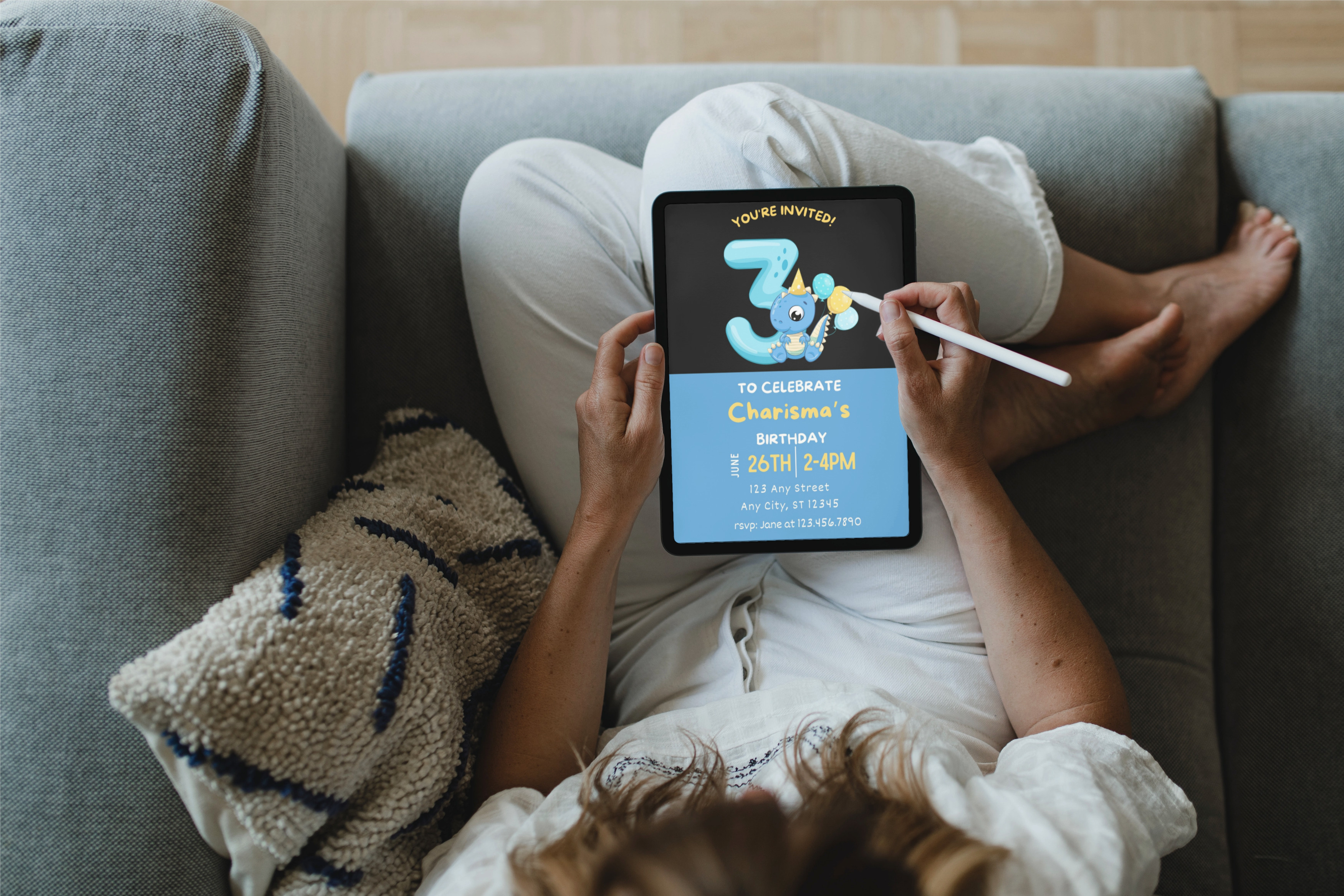 Birthday Dino - 3 Year Old Birthday Invite - Blue on Blue