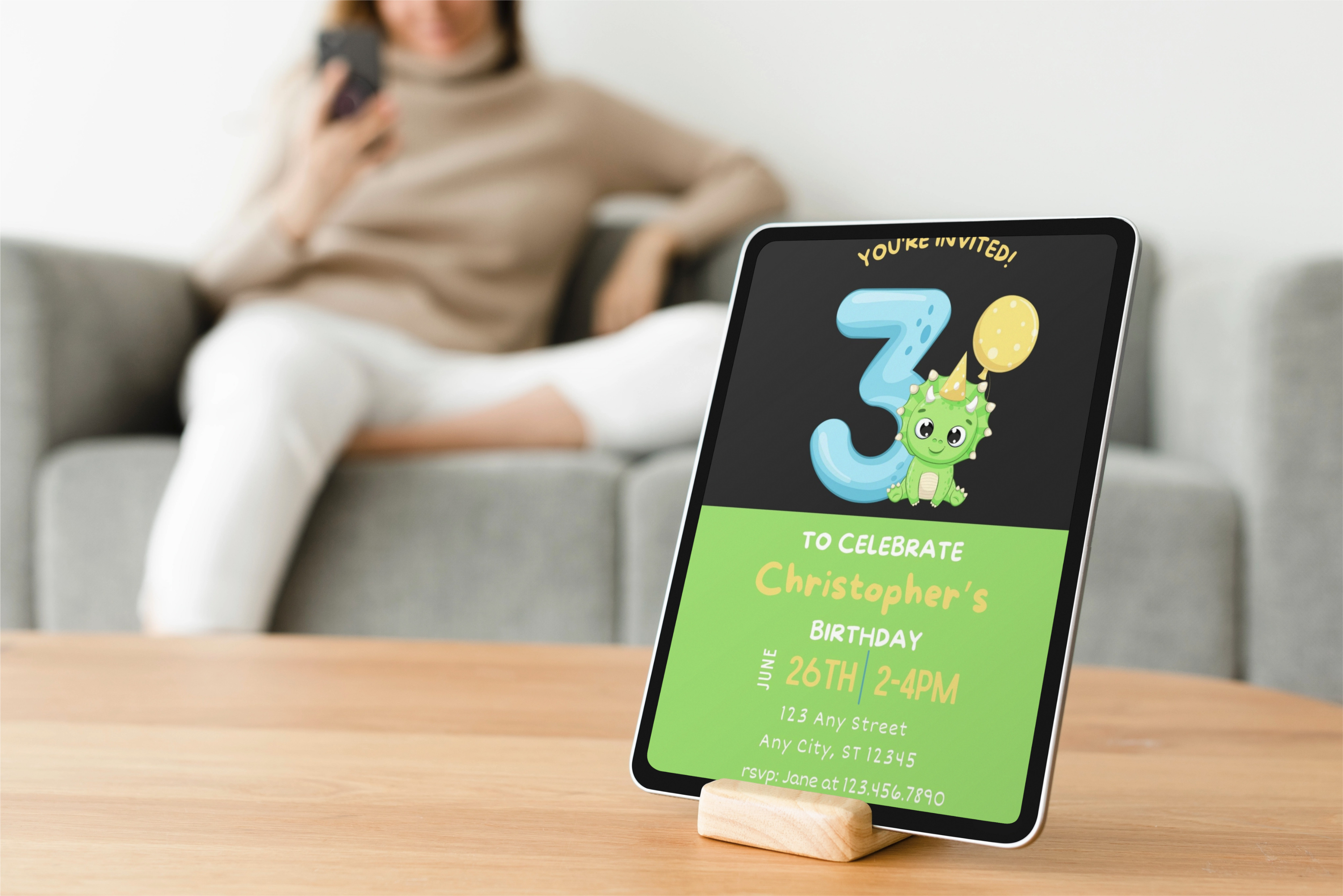 Birthday Dino - 3 Year Old Birthday Invite - Green on Green