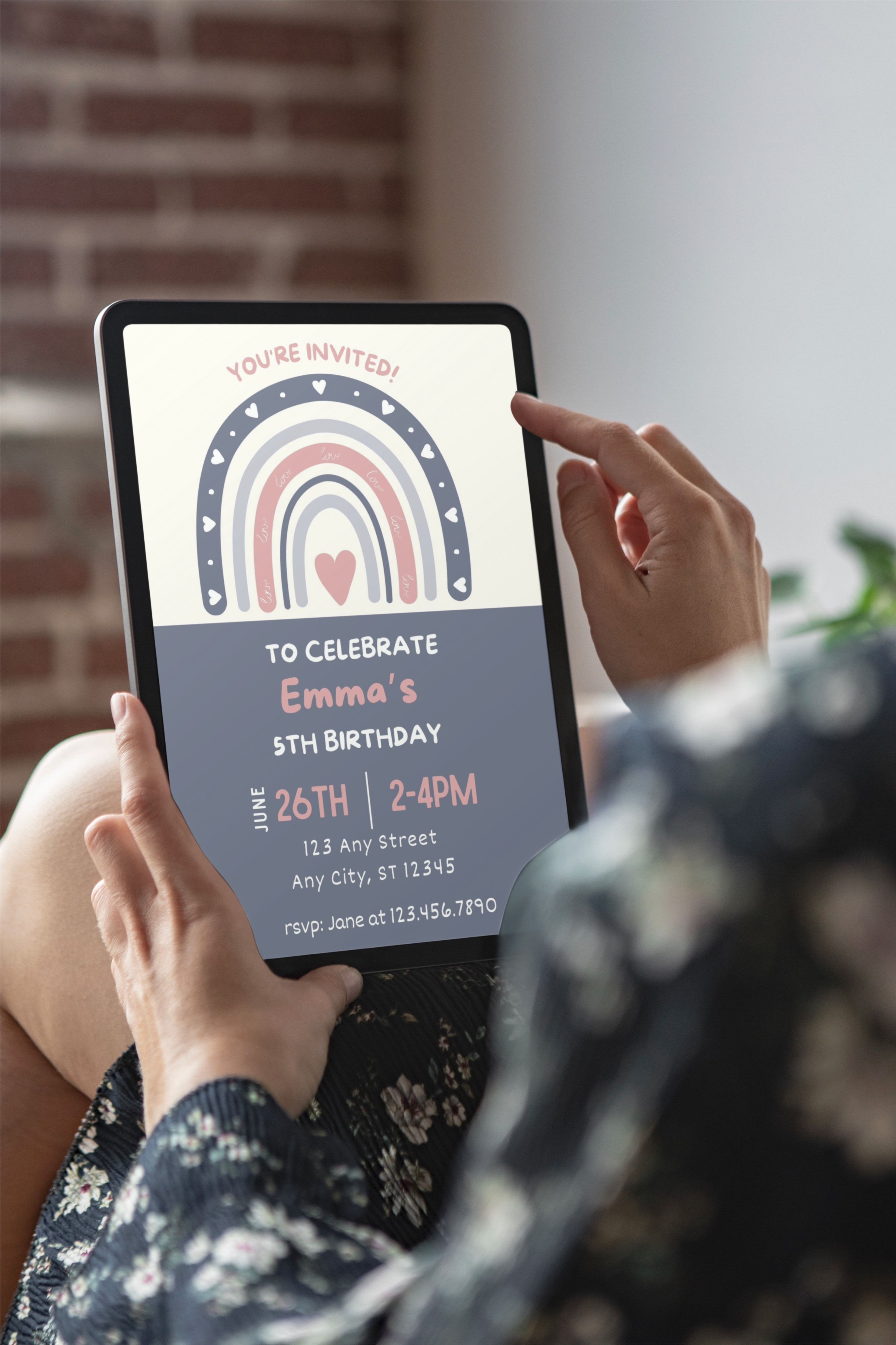 Gray Heart Rainbow Girl Birthday Invite