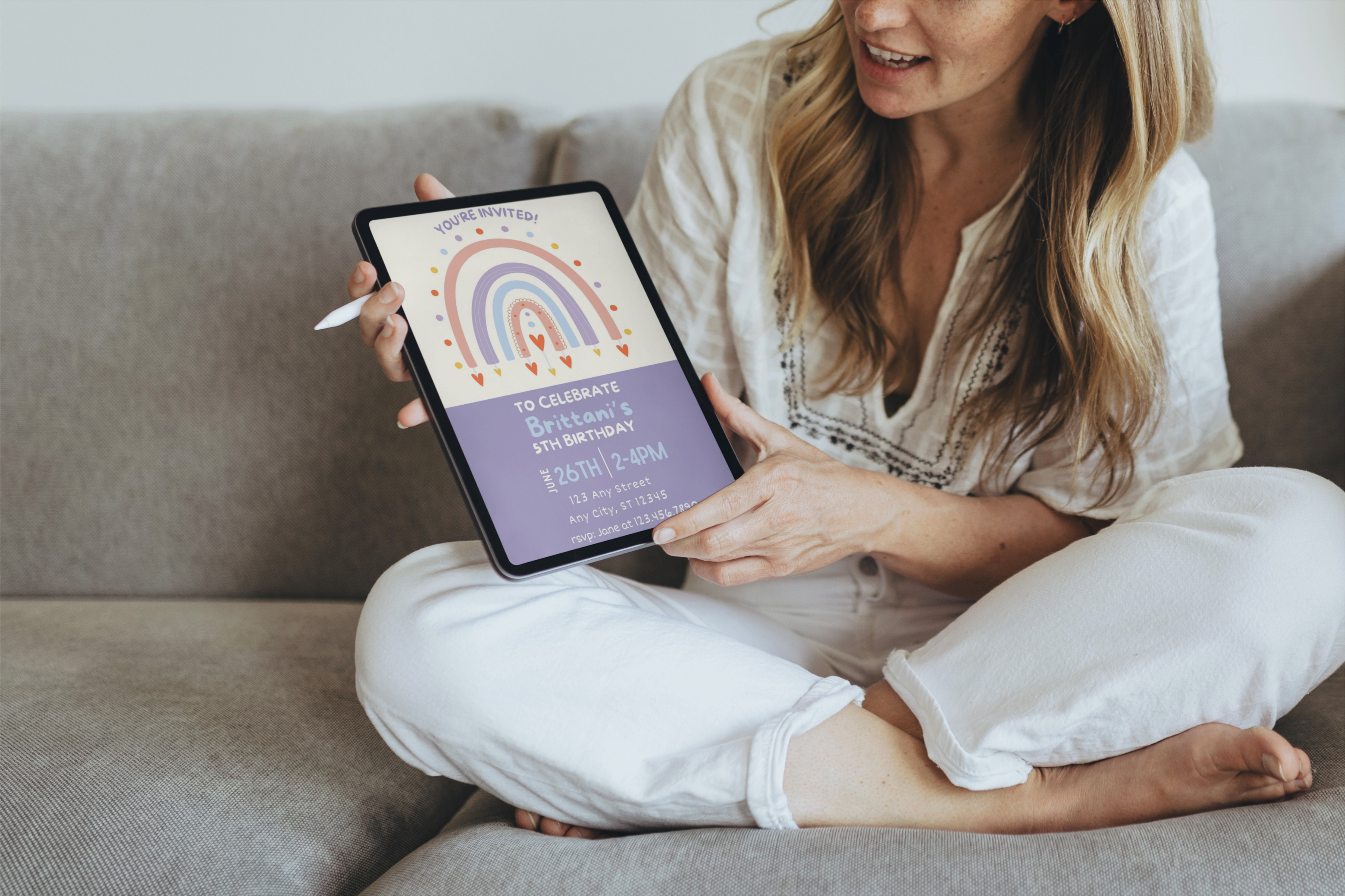 Lavendar Heart Rainbow Girl Birthday Invite