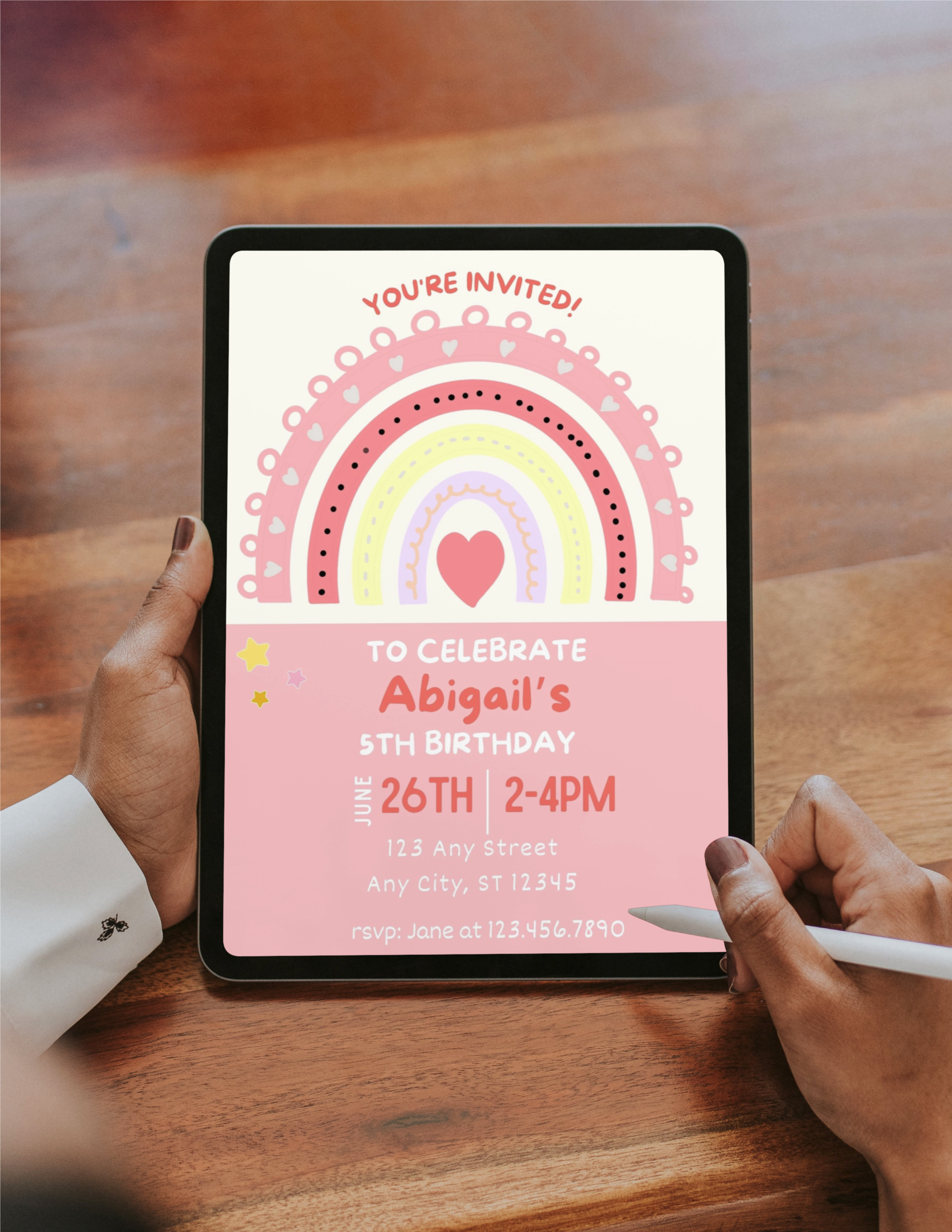 Pink Heart Rainbow Girl Birthday Invite