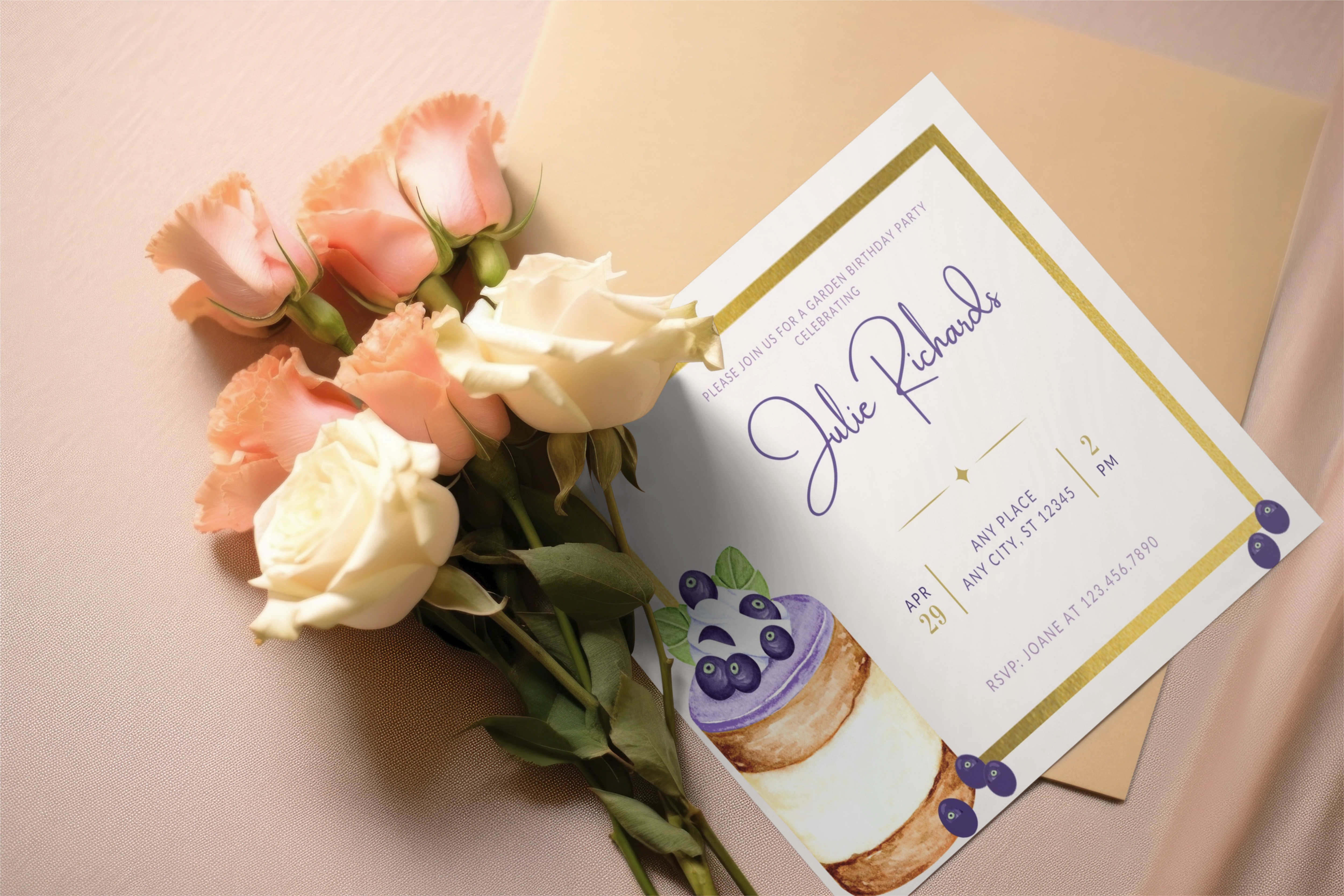 Blueberry Tiered Cake Garden Birthday Party Invite