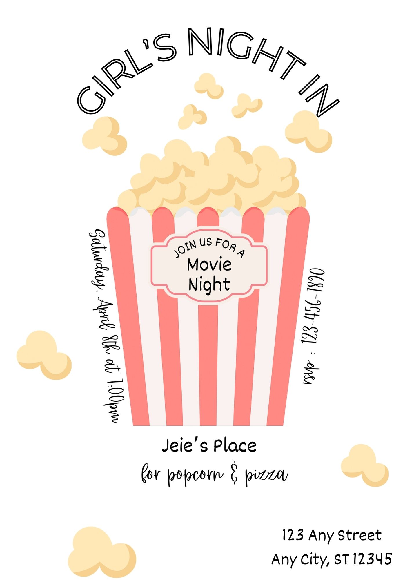 Girl's Night In Popcorn Themed Movie Night Invite