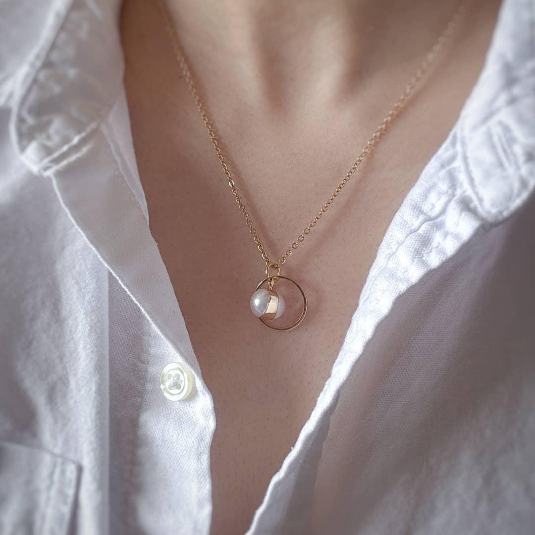 Ring Charm & Gold Dipped Pearl Necklace