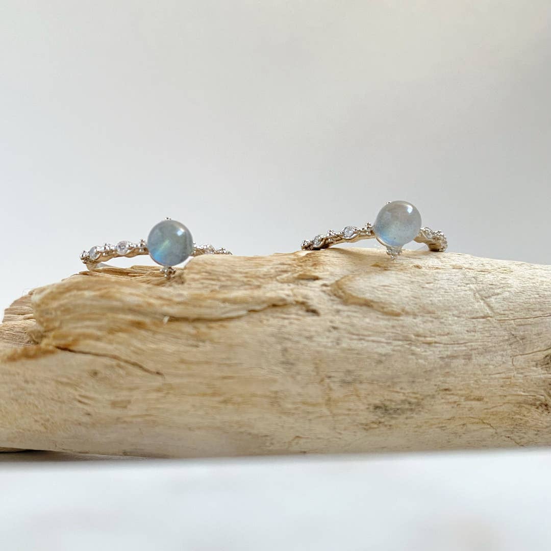 Labradorite Ring Platinum Plated | Adjustable Blue Flash Gemstone Band with Zircons