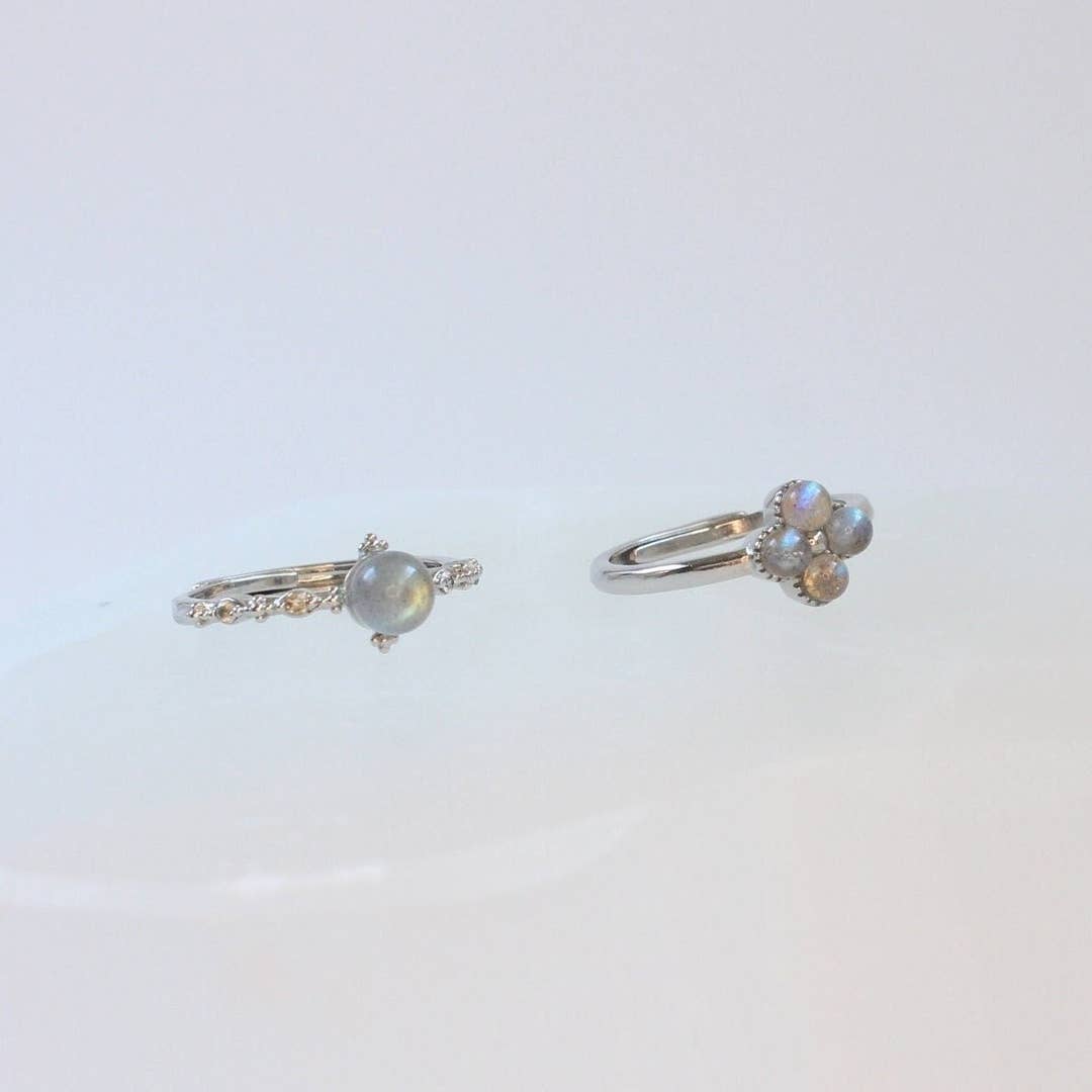 Labradorite Ring Platinum Plated | Adjustable Blue Flash Gemstone Band with Zircons