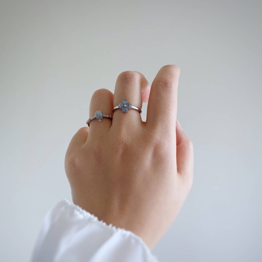 Labradorite Ring Platinum Plated | Adjustable Blue Flash Gemstone Band with Zircons