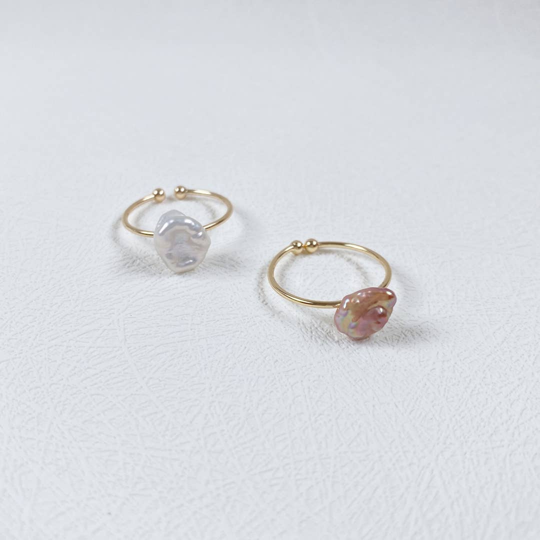 Rainbow Baroque Pearl Ring – Adjustable Thin Gold & Silver Band