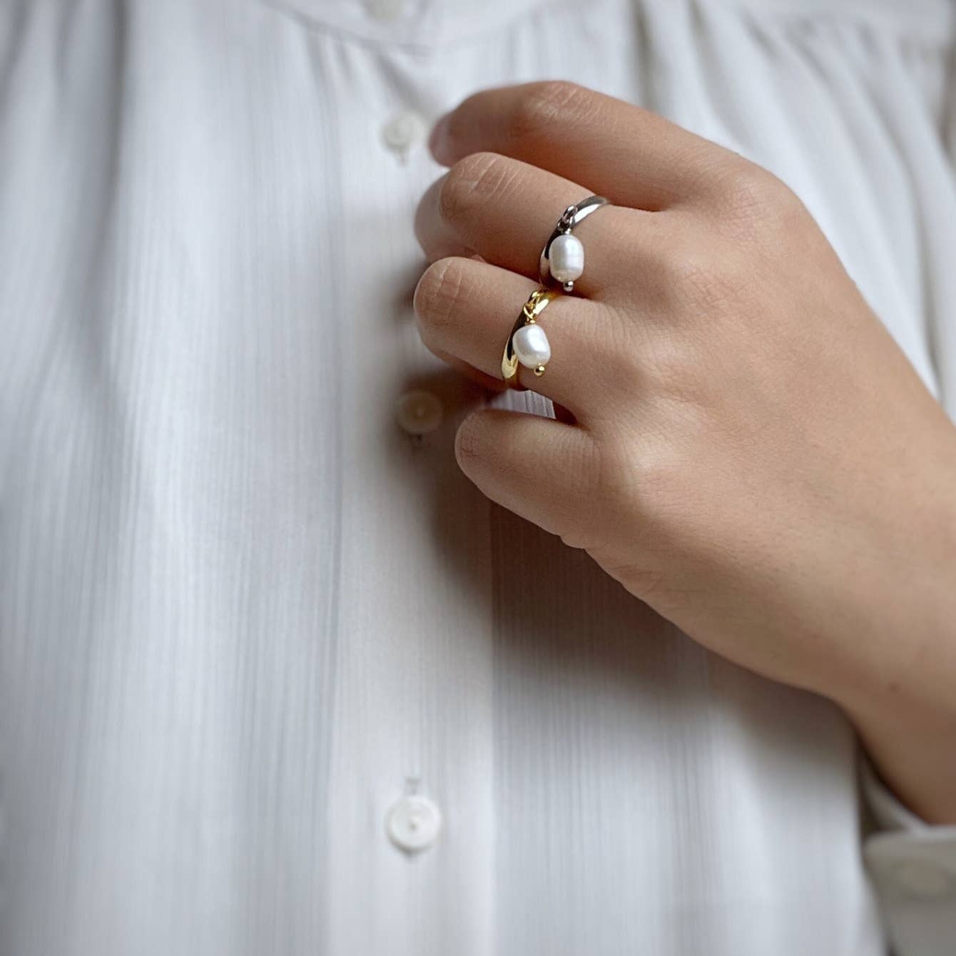 Minimalist Dangle Pearl Charm Ring