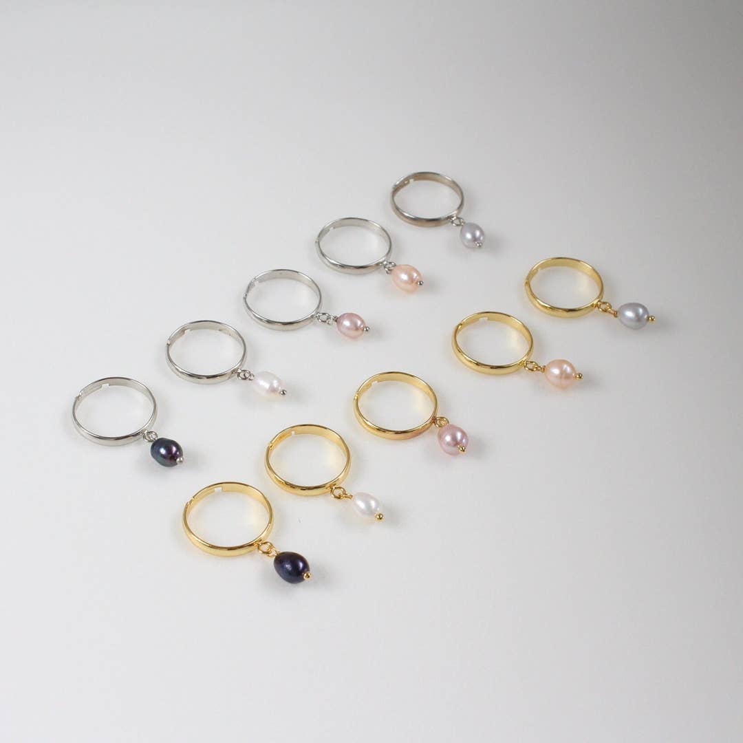 Minimalist Dangle Pearl Charm Ring
