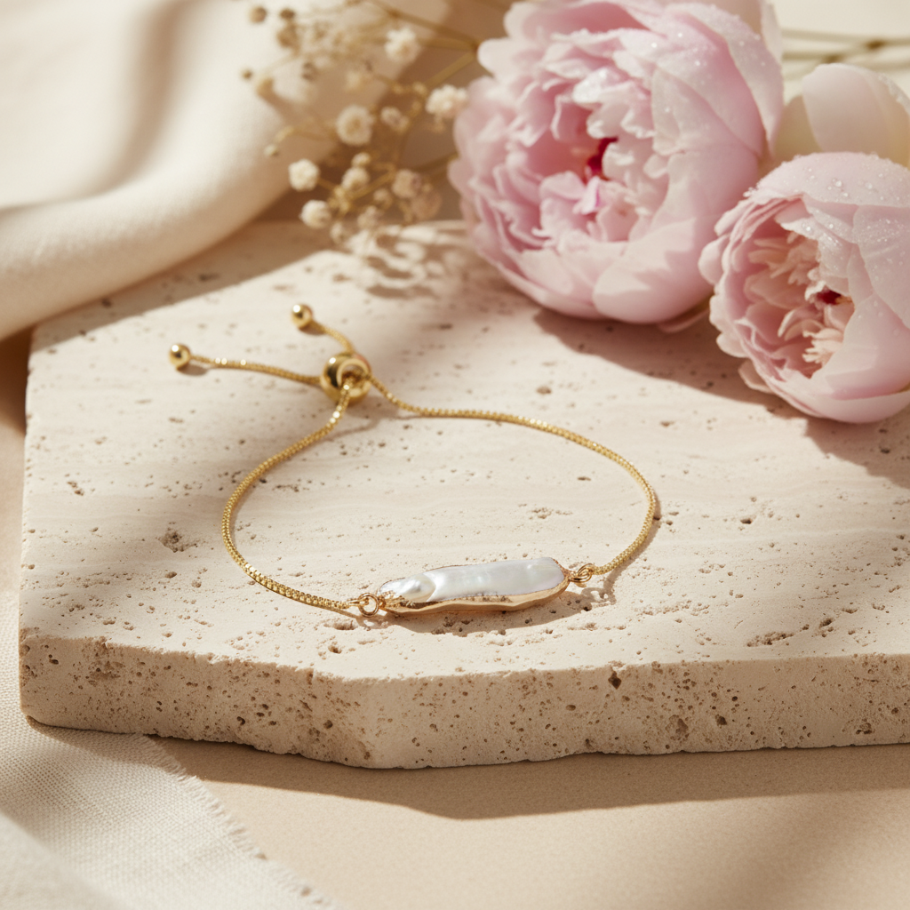 Gold Dipped Biwa Pearl Slider Bracelet