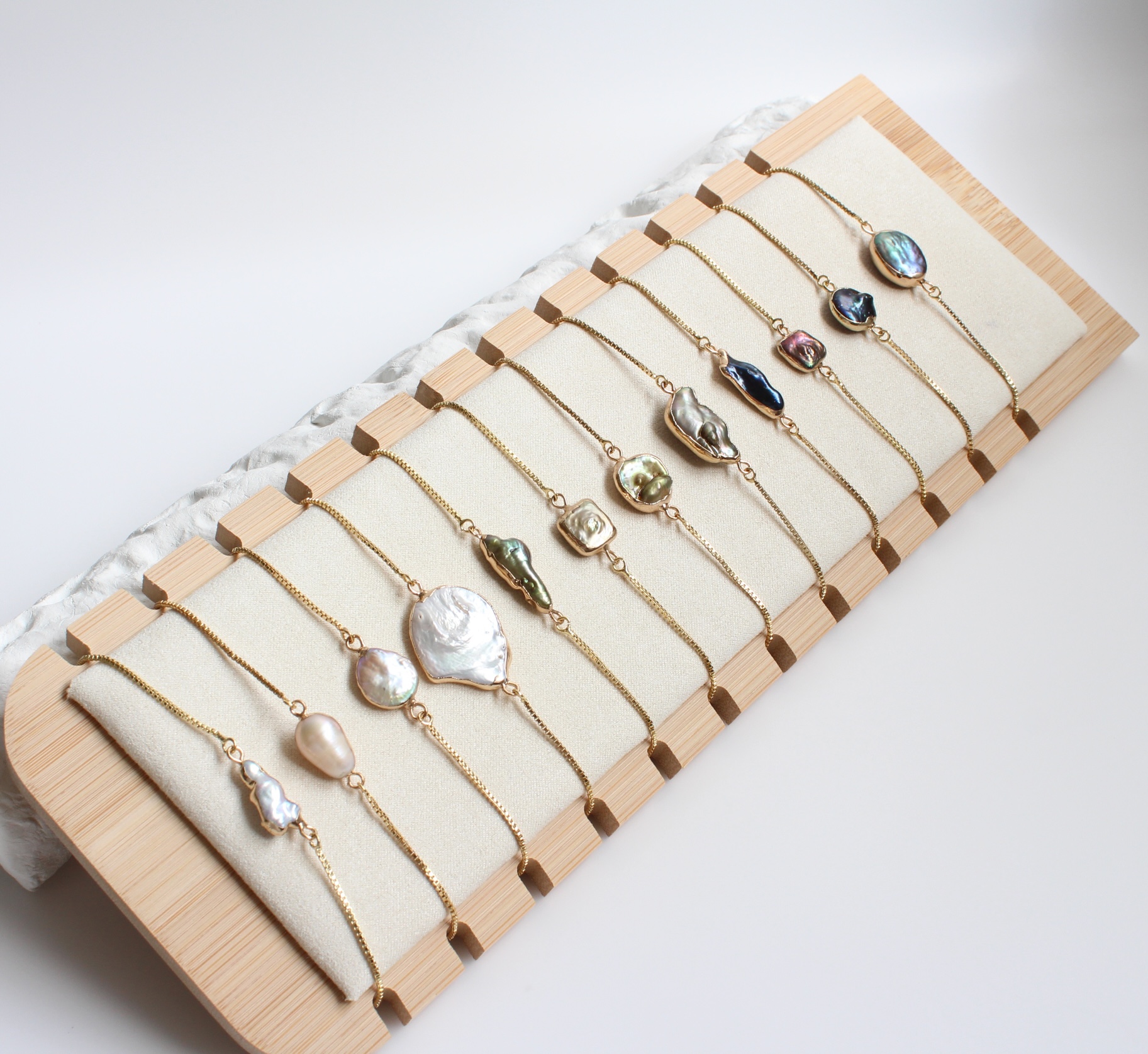 Gold Dipped Freshwater Baroque Pearl Chain Bracelet Set