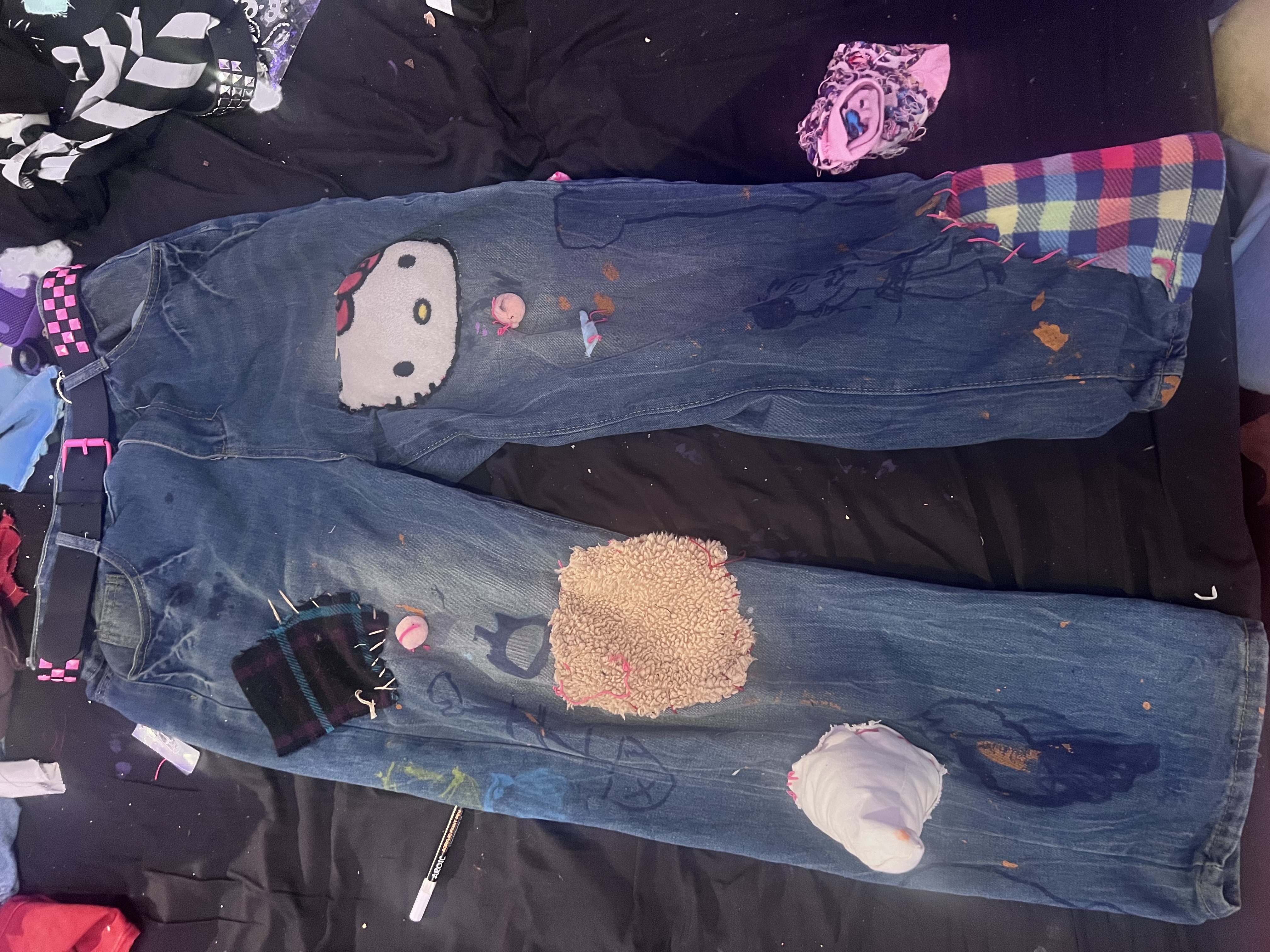 Blue baggy Custom Patched and Painted Jeans