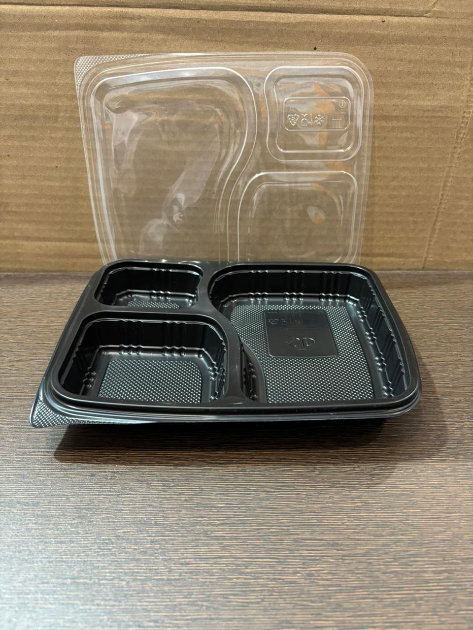 Three-Compartment Black Food Container