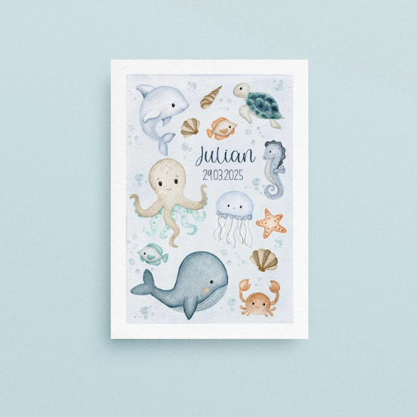 Aquarell Poster Kinder „Unter dem Meer“ – Personalisiert | Handgemalte Meerestiere - hochwertiger A4/A3 Druck - Digital PDF Datei