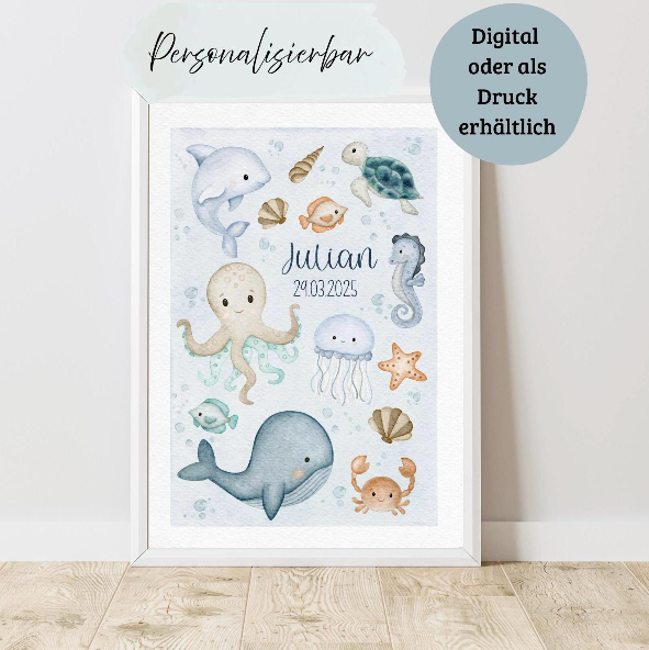 Aquarell Poster Kinder „Unter dem Meer“ – Personalisiert | Handgemalte Meerestiere - hochwertiger A4/A3 Druck - Digital PDF Datei