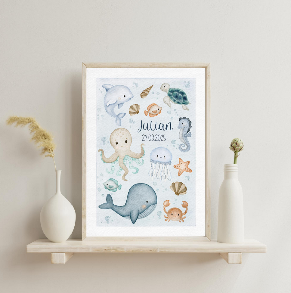 Aquarell Poster Kinder „Unter dem Meer“ – Personalisiert | Handgemalte Meerestiere - hochwertiger A4/A3 Druck - Digital PDF Datei