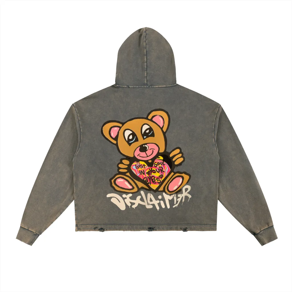 Vintage Bear Washed Frayed-Hem Hoodie