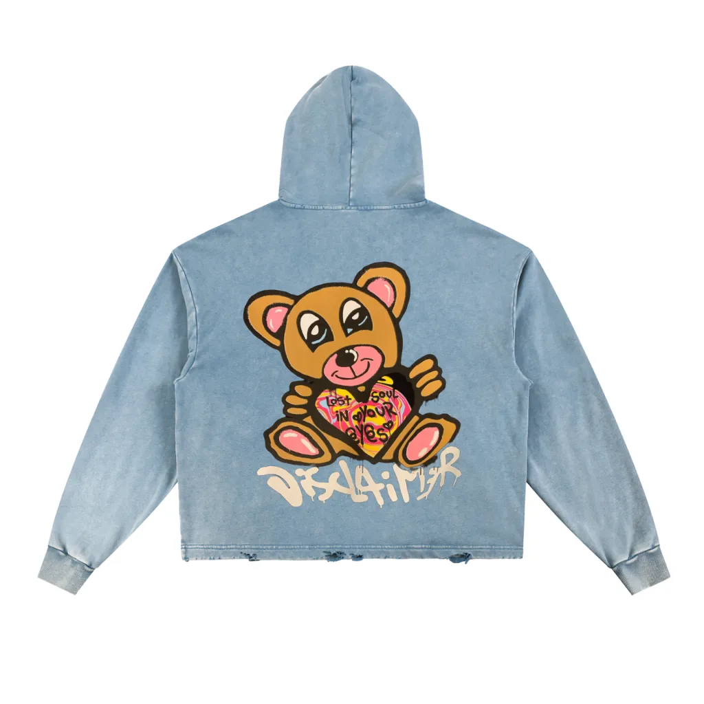 Vintage Bear Washed Frayed-Hem Hoodie