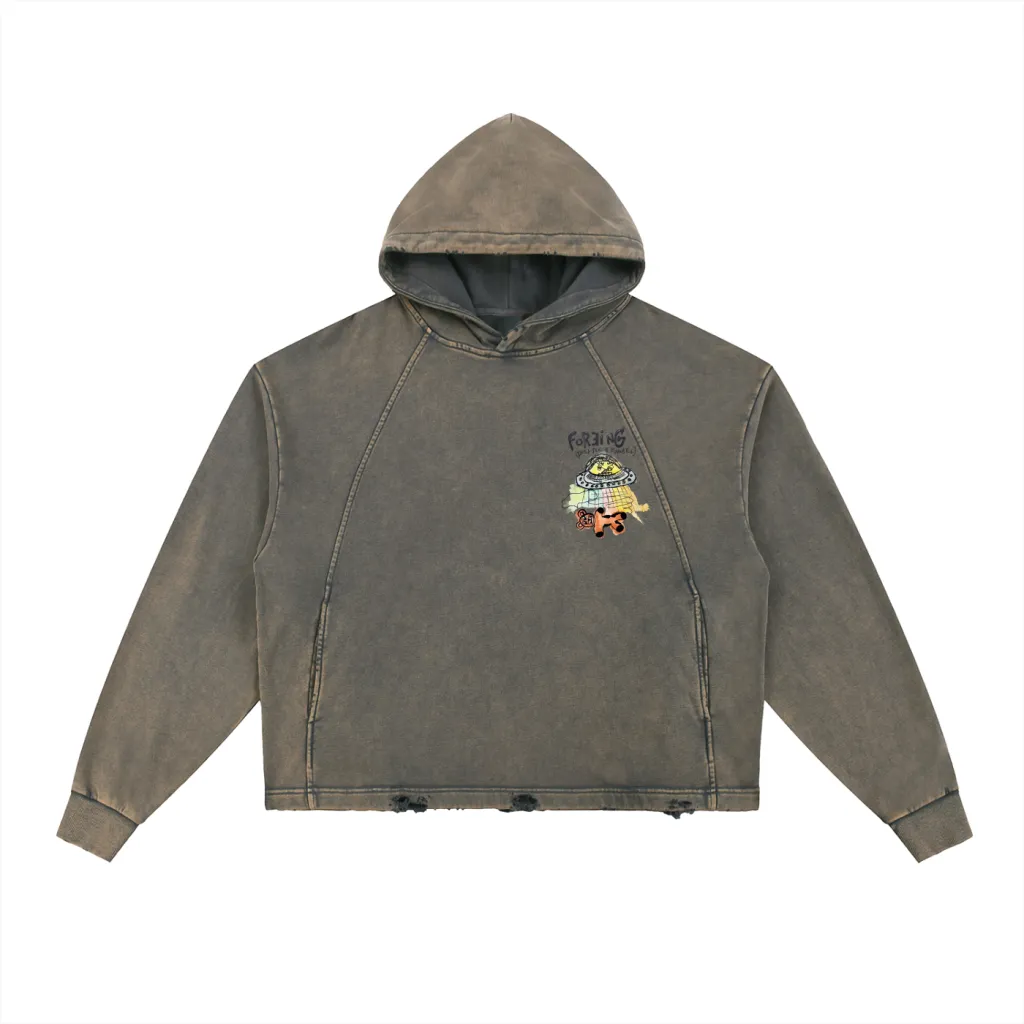 Vintage Bear Washed Frayed-Hem Hoodie