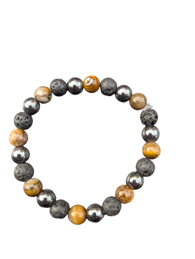 Bracelet en pierres naturelles: œil de tigre, pierre de lave, hématite 8mm