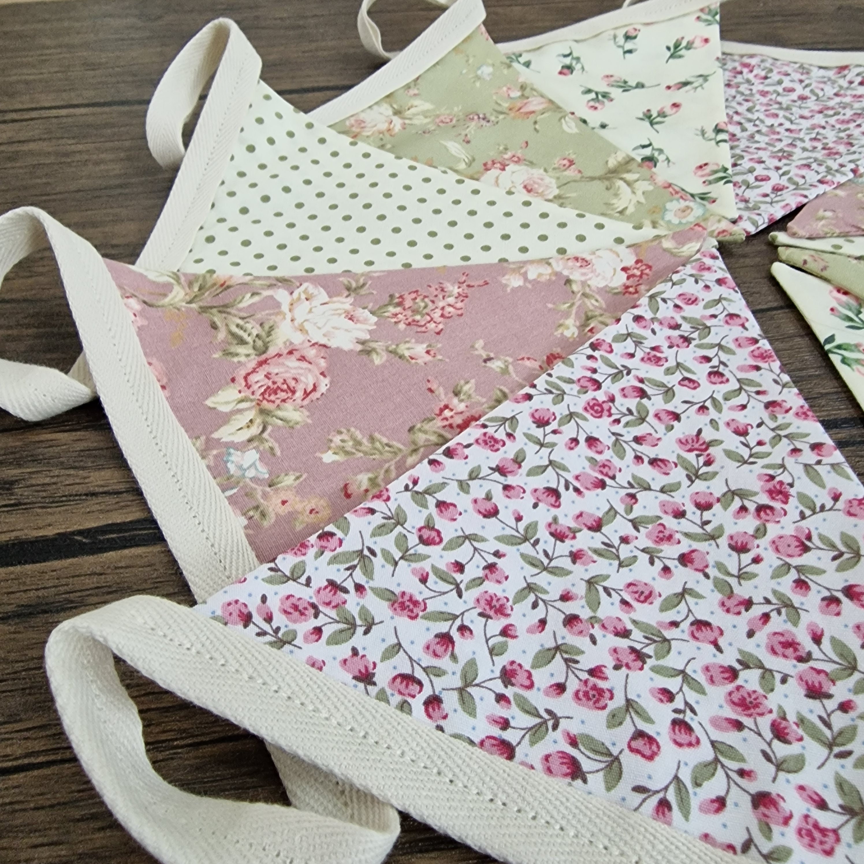 Vintage Style Floral Double Sided Handmade Fabric Bunting in Pinks, Greens and Creams